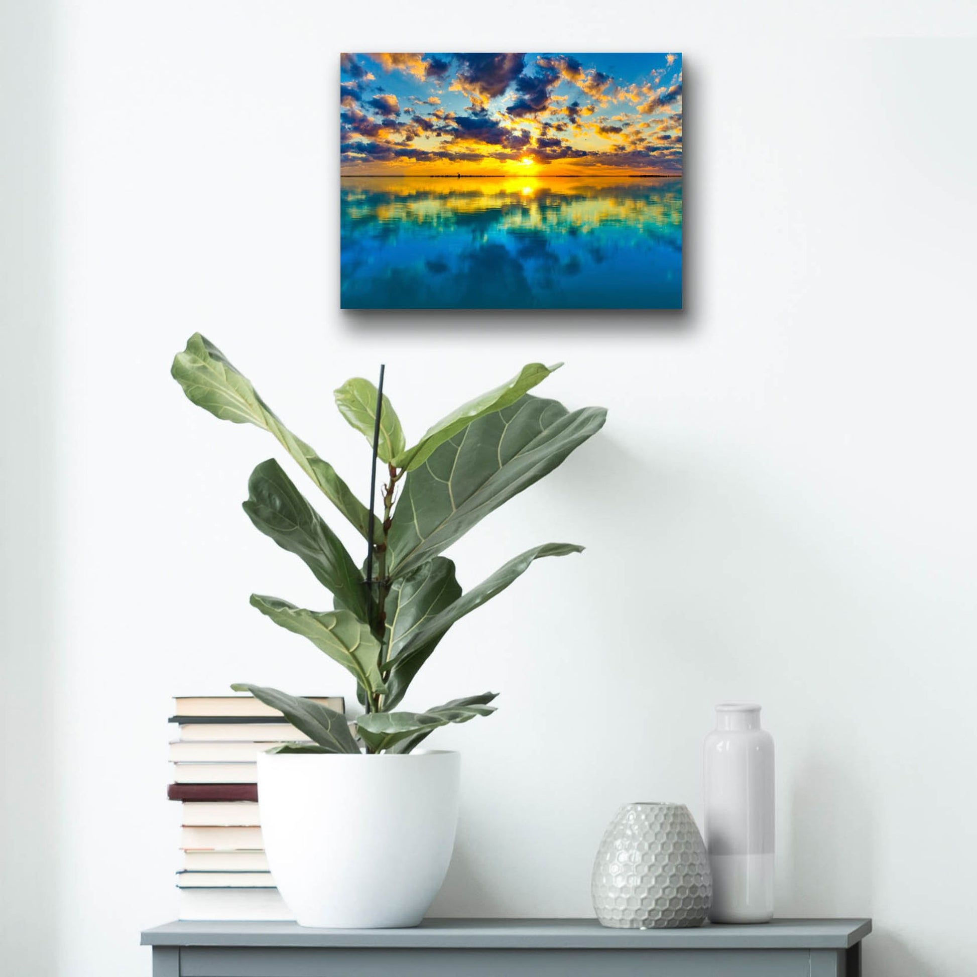 Epic Art 'Sunset Lake Reflection Blue Yellow Skyscape' by Ezra Tanner, Acrylic Glass Wall Art,16x12