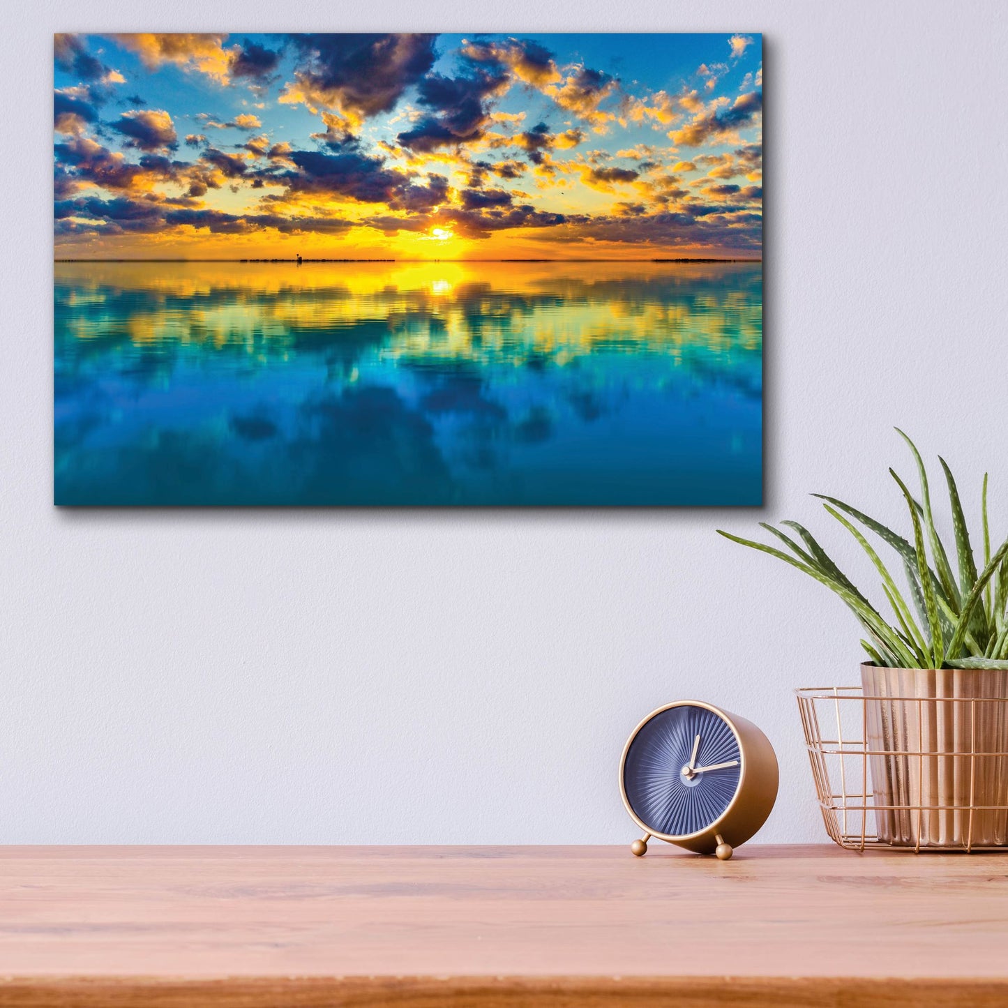 Epic Art 'Sunset Lake Reflection Blue Yellow Skyscape' by Ezra Tanner, Acrylic Glass Wall Art,16x12