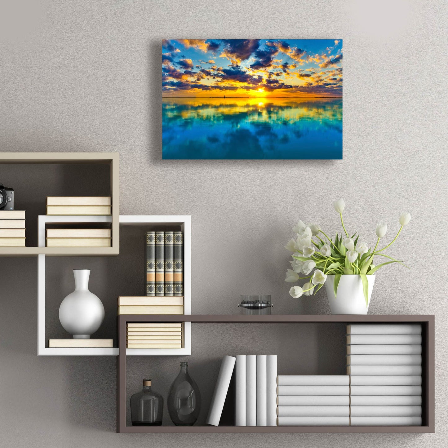 Epic Art 'Sunset Lake Reflection Blue Yellow Skyscape' by Ezra Tanner, Acrylic Glass Wall Art,24x16