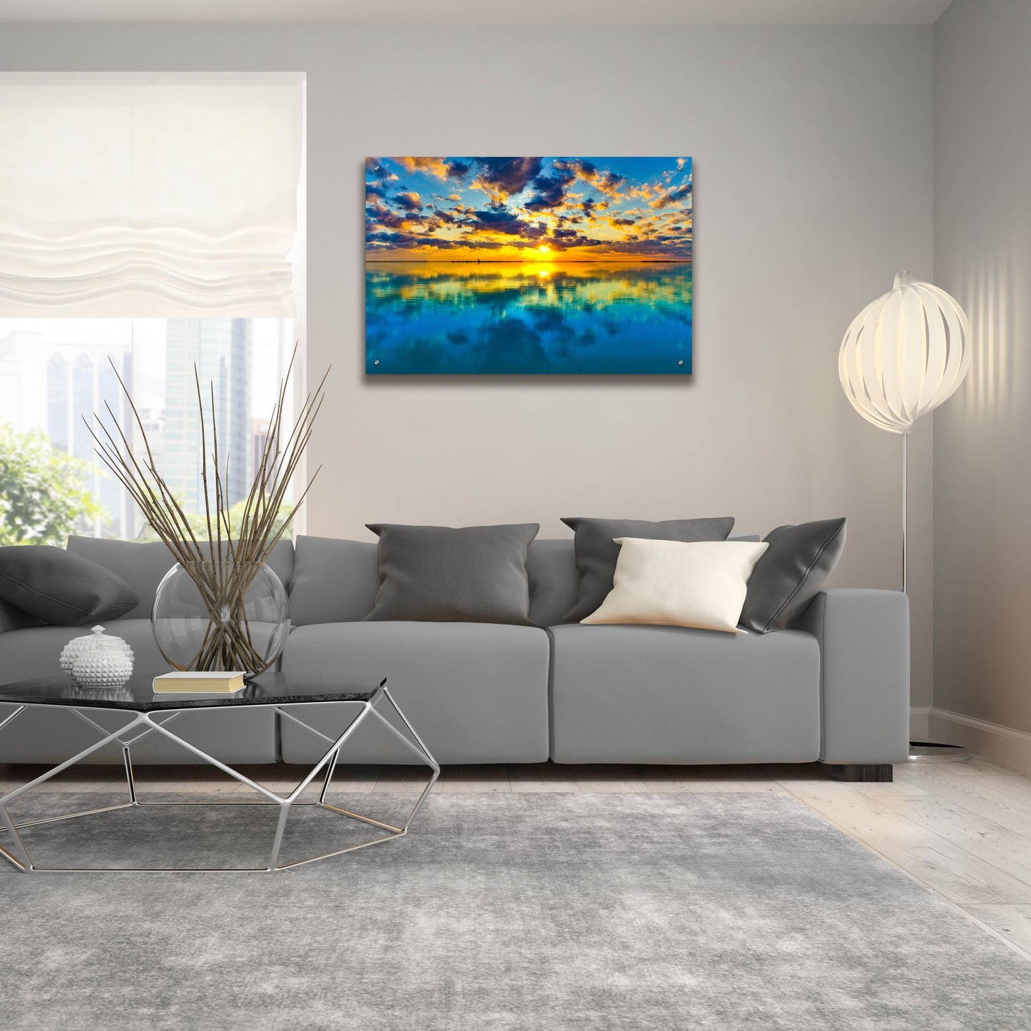 Epic Art 'Sunset Lake Reflection Blue Yellow Skyscape' by Ezra Tanner, Acrylic Glass Wall Art,36x24