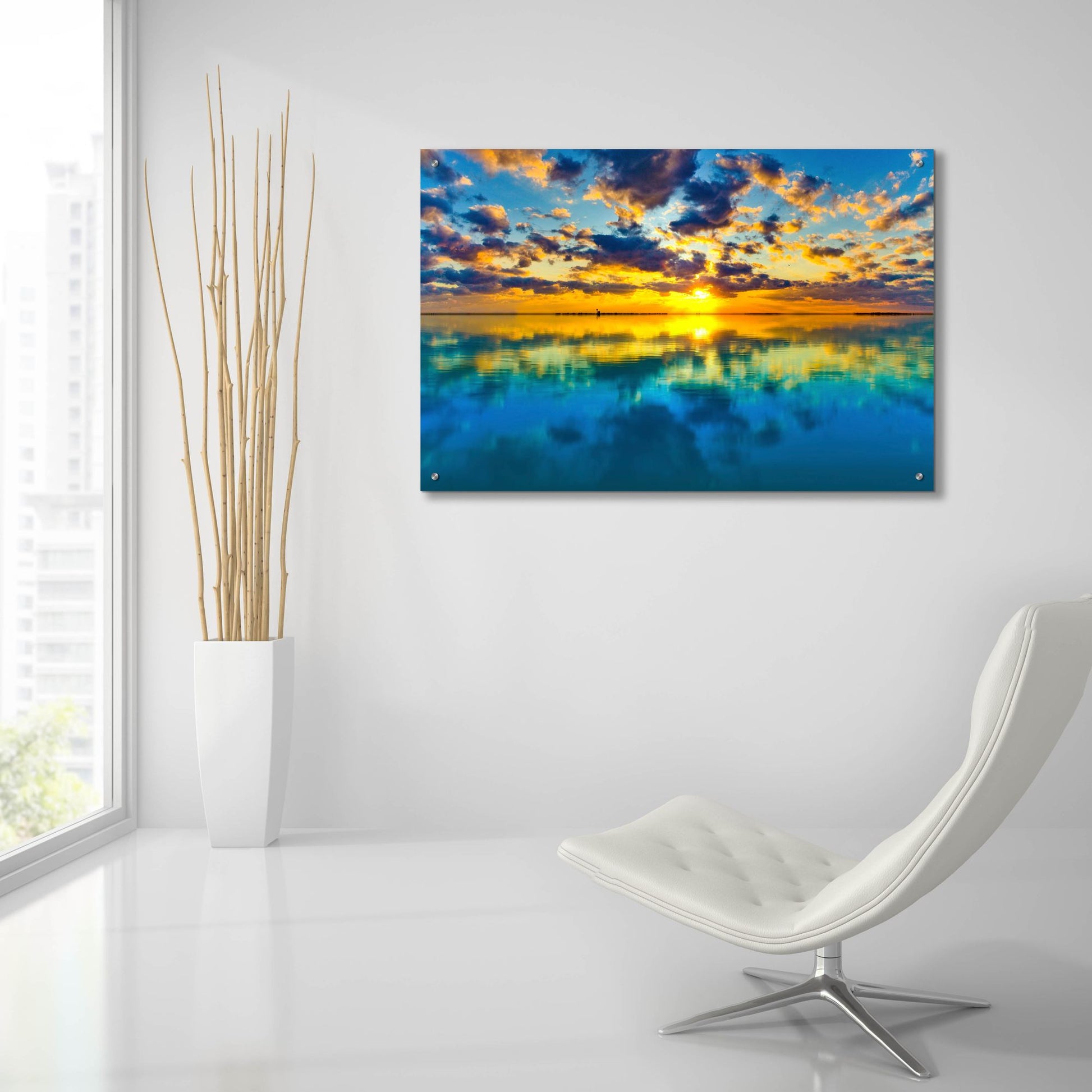 Epic Art 'Sunset Lake Reflection Blue Yellow Skyscape' by Ezra Tanner, Acrylic Glass Wall Art,36x24