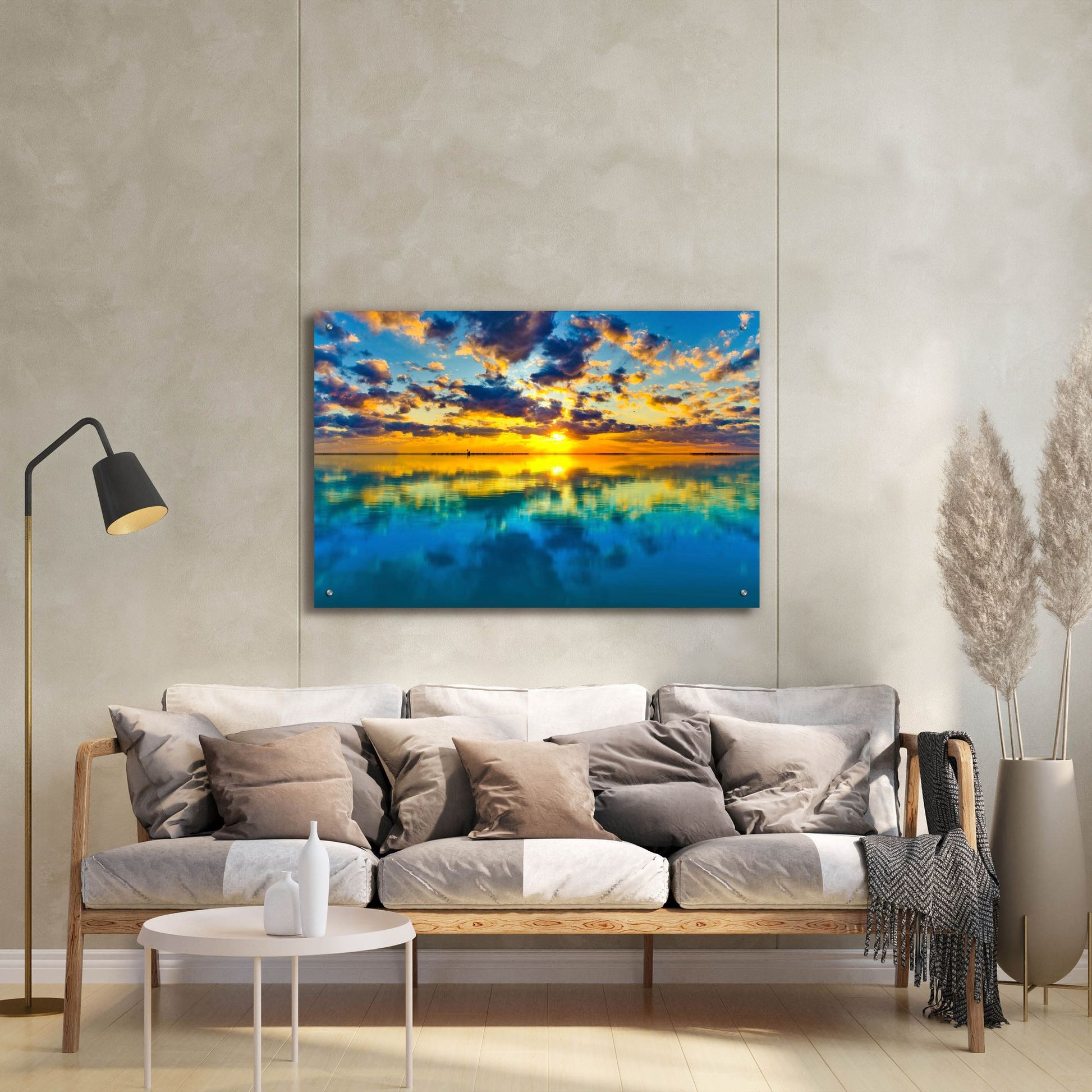 Epic Art 'Sunset Lake Reflection Blue Yellow Skyscape' by Ezra Tanner, Acrylic Glass Wall Art,36x24