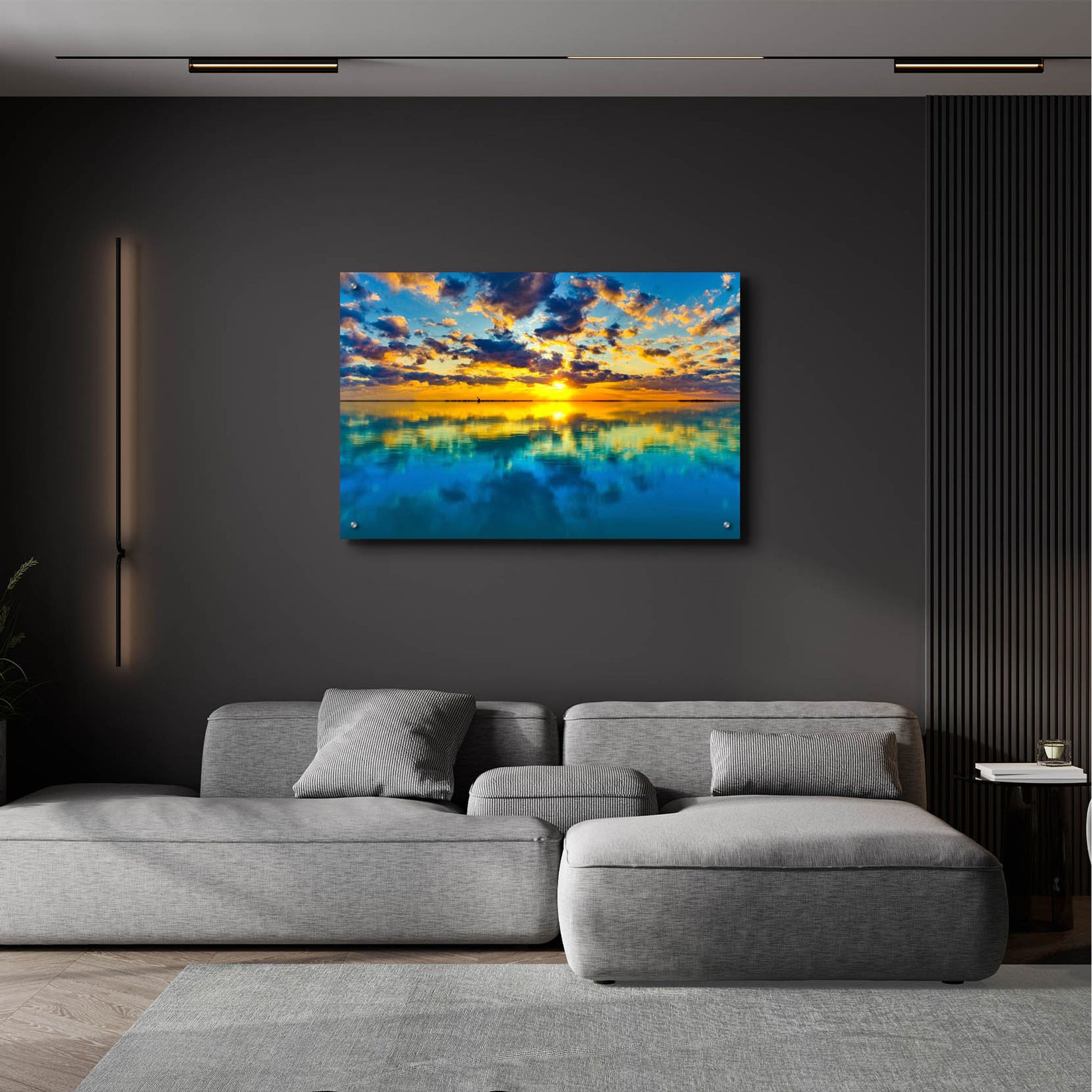 Epic Art 'Sunset Lake Reflection Blue Yellow Skyscape' by Ezra Tanner, Acrylic Glass Wall Art,36x24