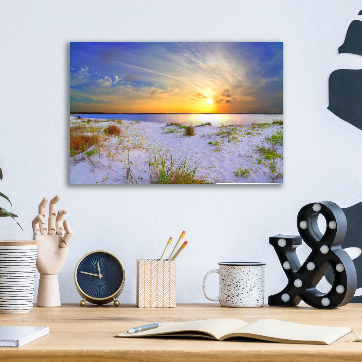 Epic Art 'Blue Orange Landscape Sunset Sandy Beach' by Ezra Tanner, Acrylic Glass Wall Art,16x12