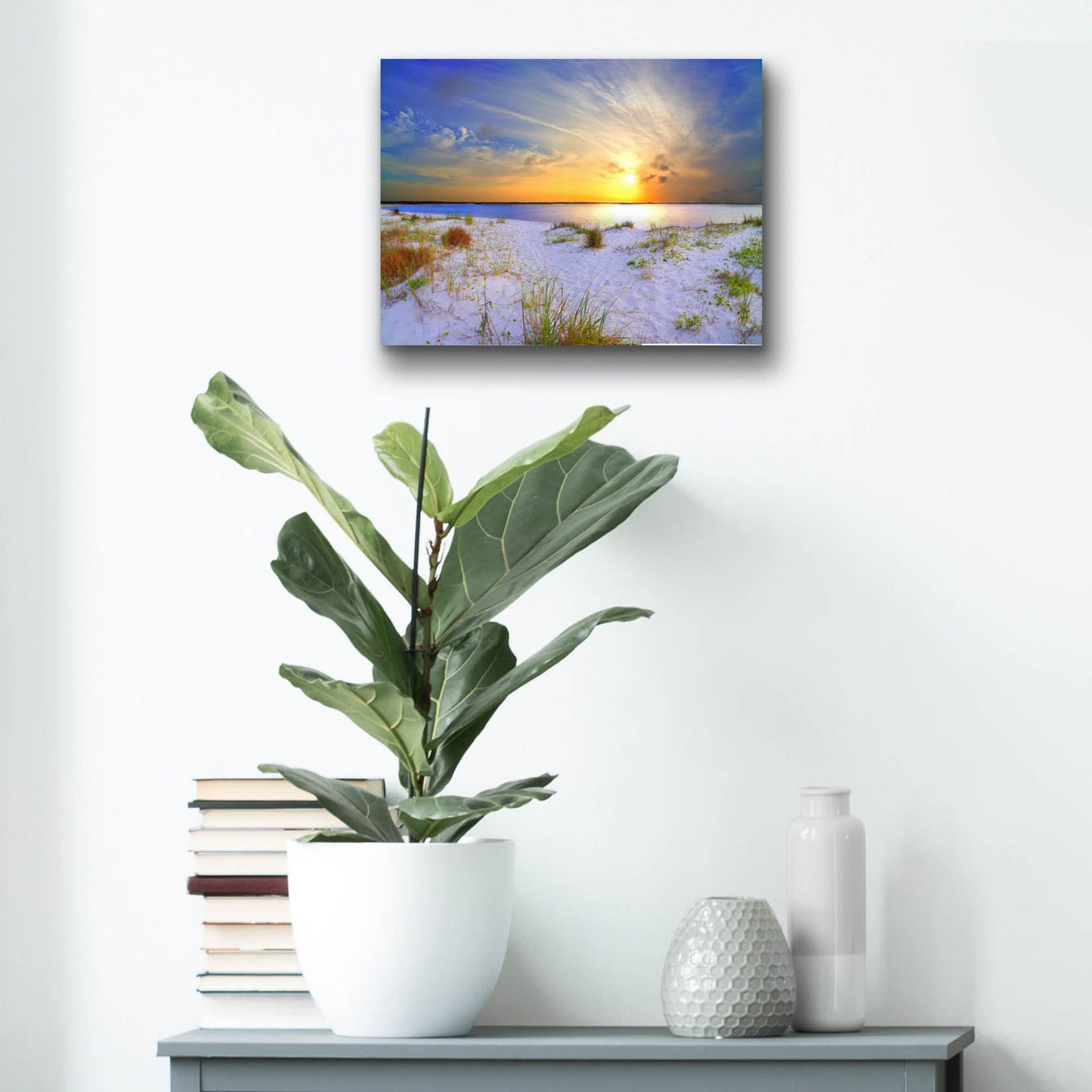 Epic Art 'Blue Orange Landscape Sunset Sandy Beach' by Ezra Tanner, Acrylic Glass Wall Art,16x12