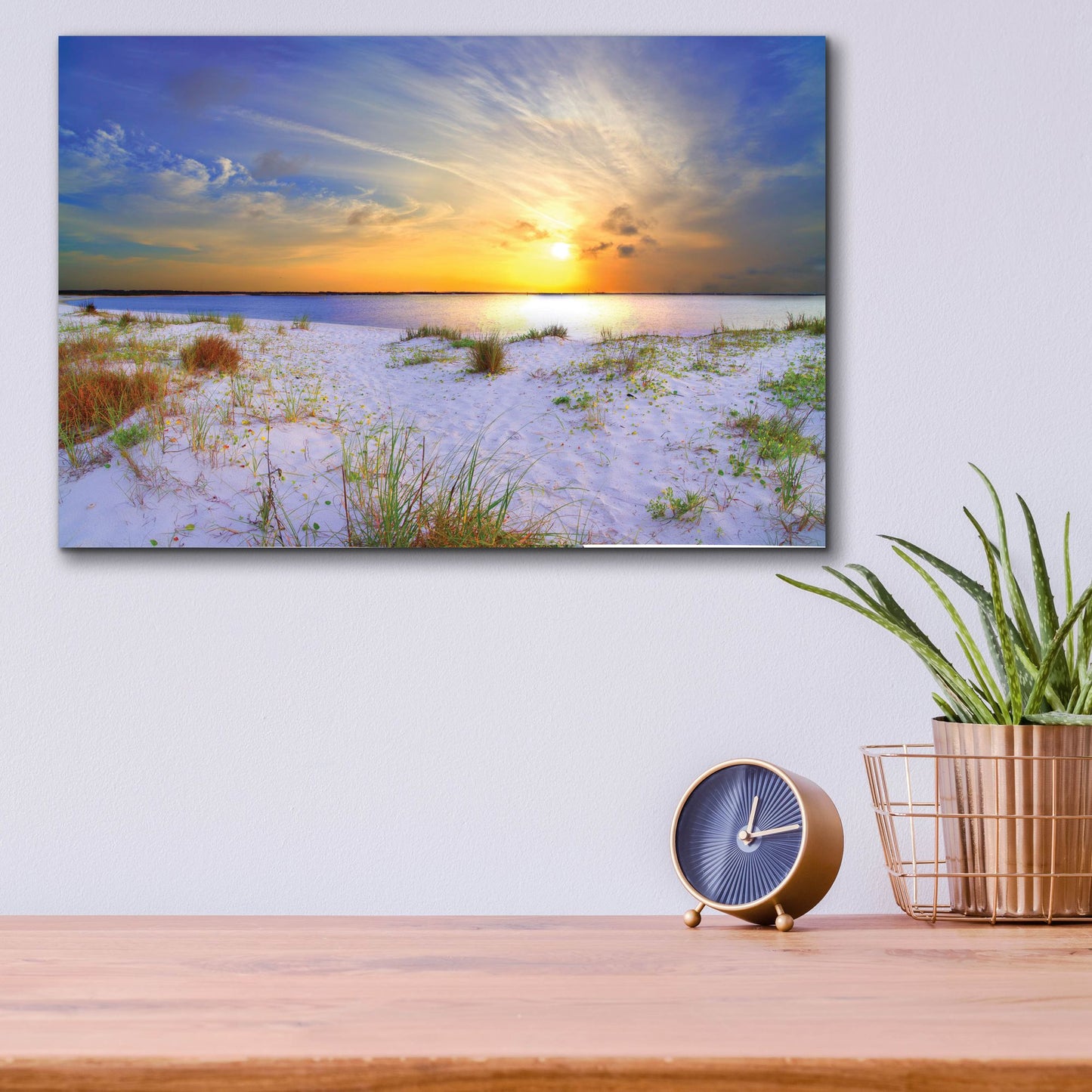 Epic Art 'Blue Orange Landscape Sunset Sandy Beach' by Ezra Tanner, Acrylic Glass Wall Art,16x12