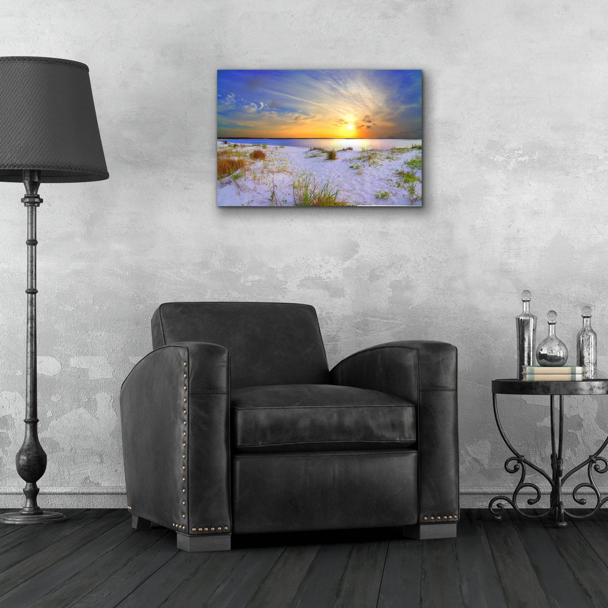 Epic Art 'Blue Orange Landscape Sunset Sandy Beach' by Ezra Tanner, Acrylic Glass Wall Art,24x16