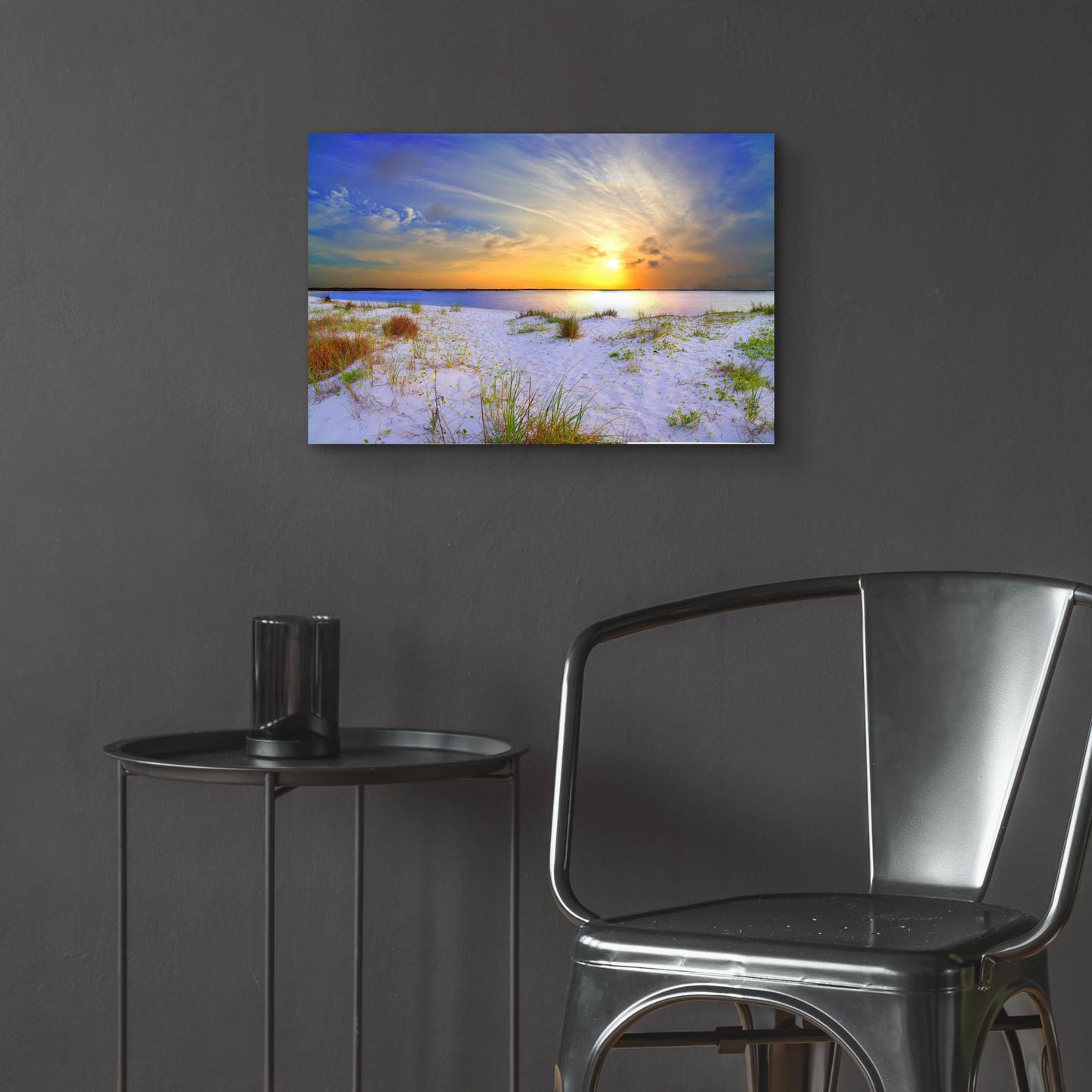 Epic Art 'Blue Orange Landscape Sunset Sandy Beach' by Ezra Tanner, Acrylic Glass Wall Art,24x16