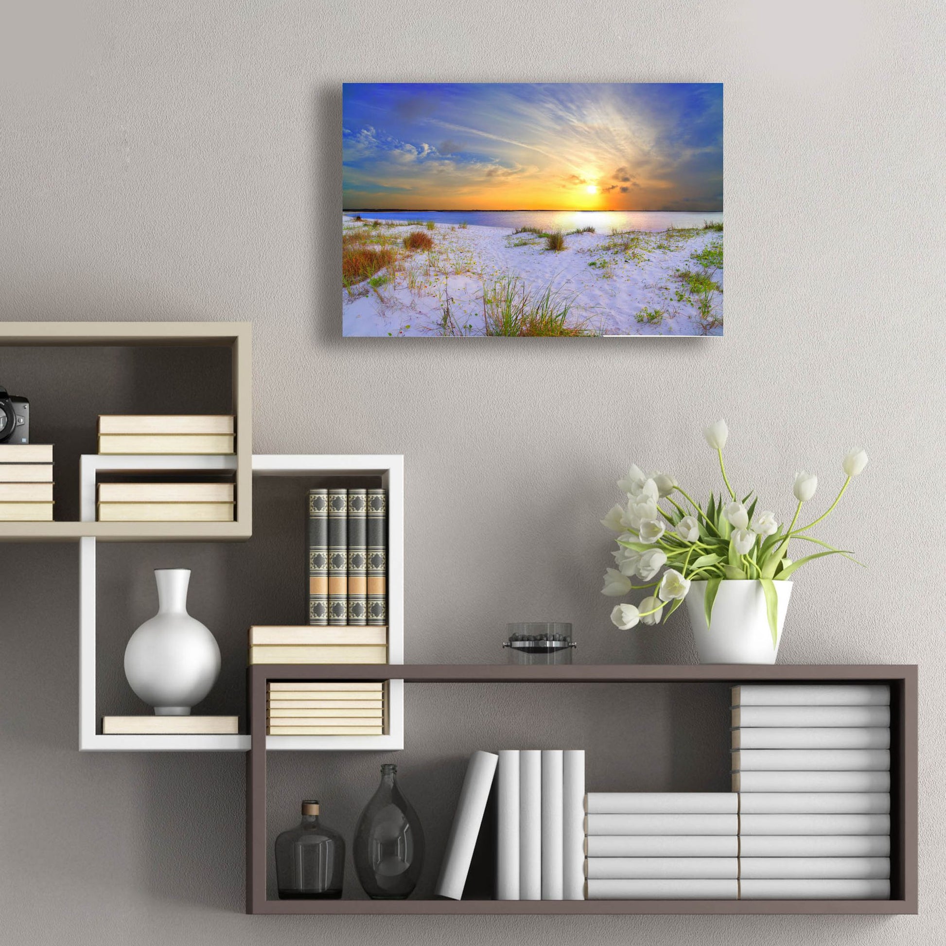 Epic Art 'Blue Orange Landscape Sunset Sandy Beach' by Ezra Tanner, Acrylic Glass Wall Art,24x16