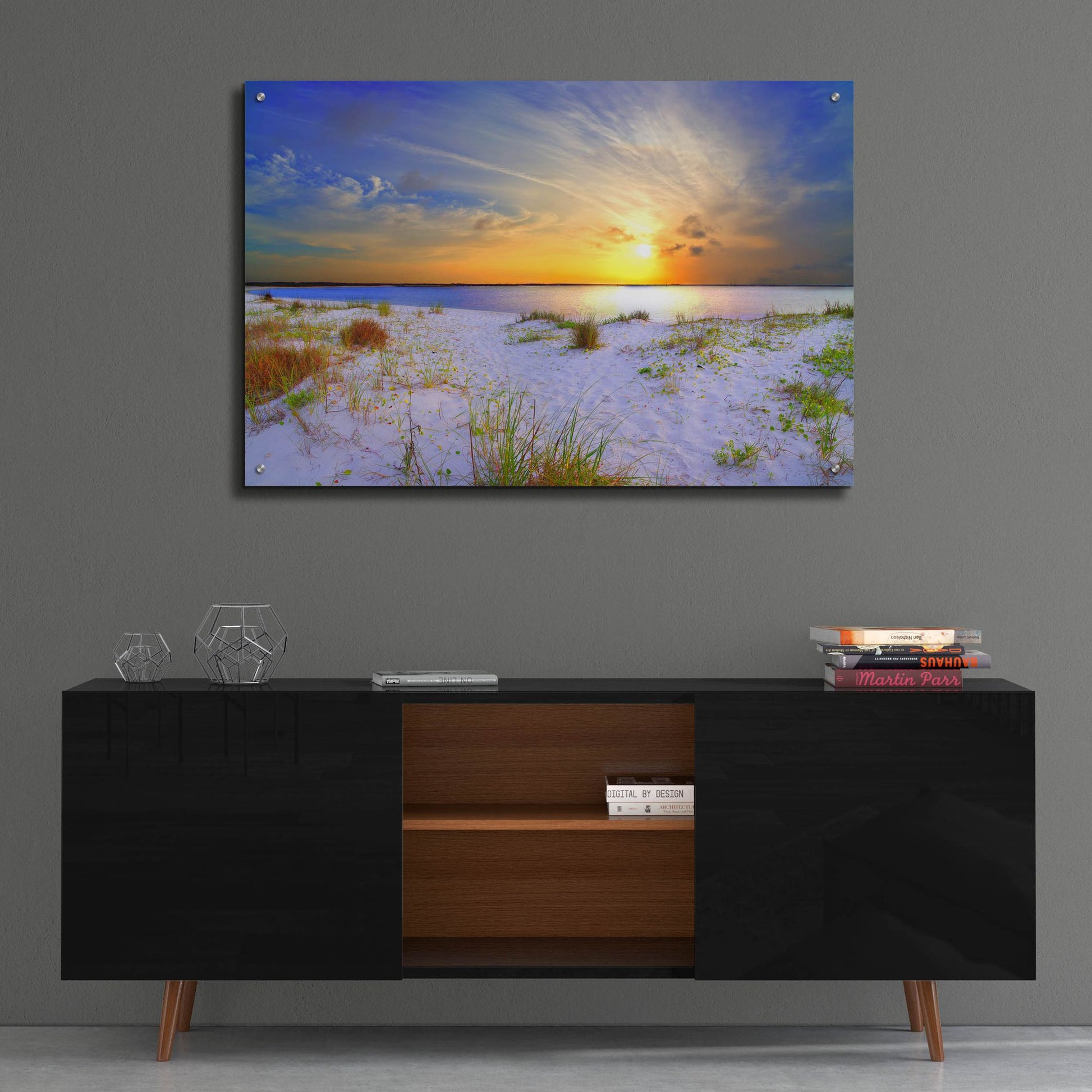 Epic Art 'Blue Orange Landscape Sunset Sandy Beach' by Ezra Tanner, Acrylic Glass Wall Art,36x24