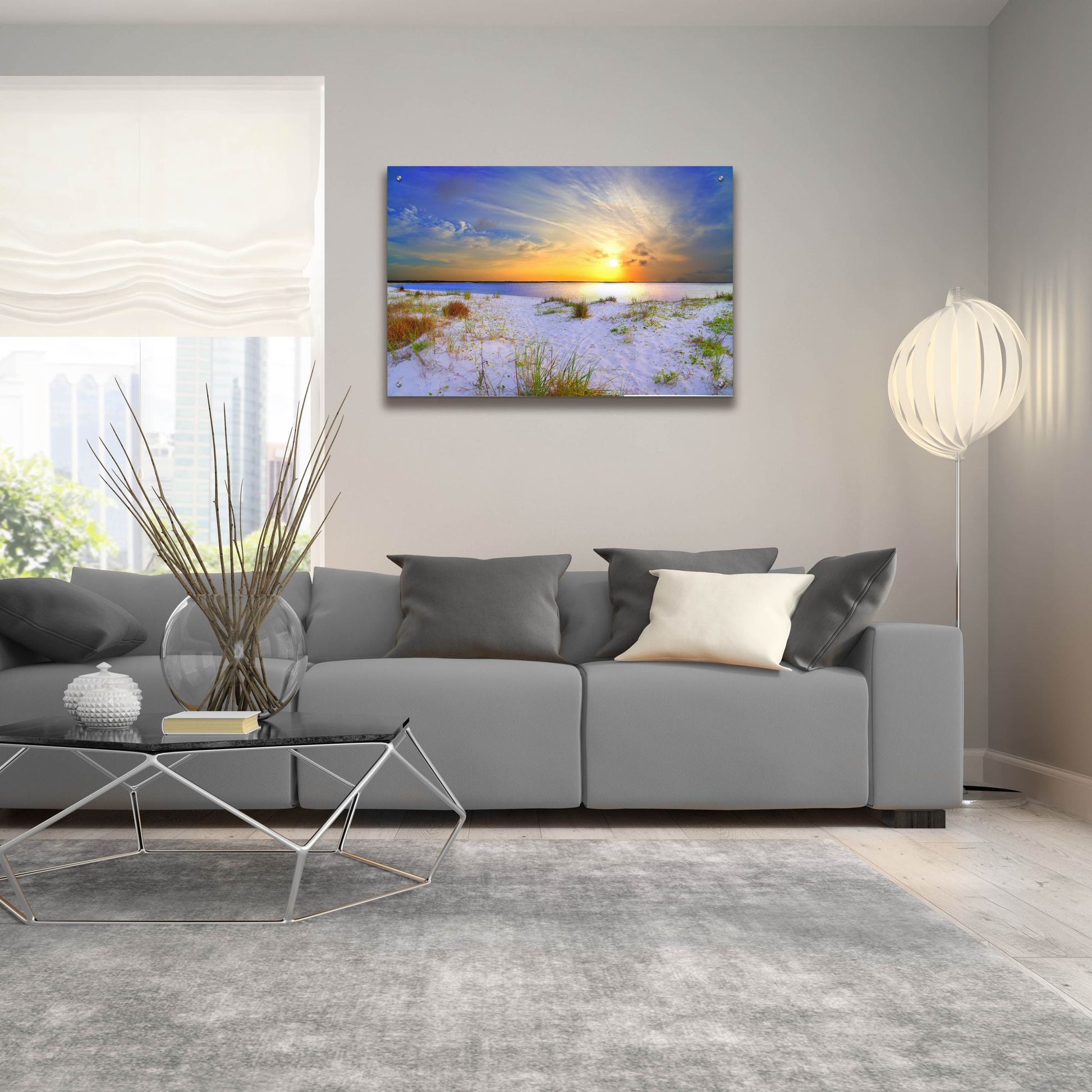 Epic Art 'Blue Orange Landscape Sunset Sandy Beach' by Ezra Tanner, Acrylic Glass Wall Art,36x24