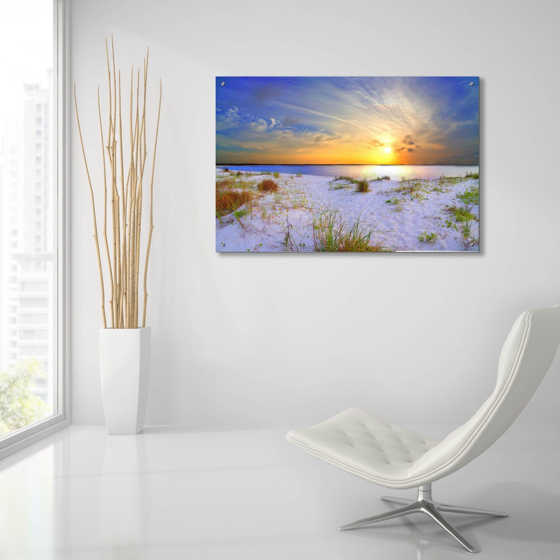 Epic Art 'Blue Orange Landscape Sunset Sandy Beach' by Ezra Tanner, Acrylic Glass Wall Art,36x24