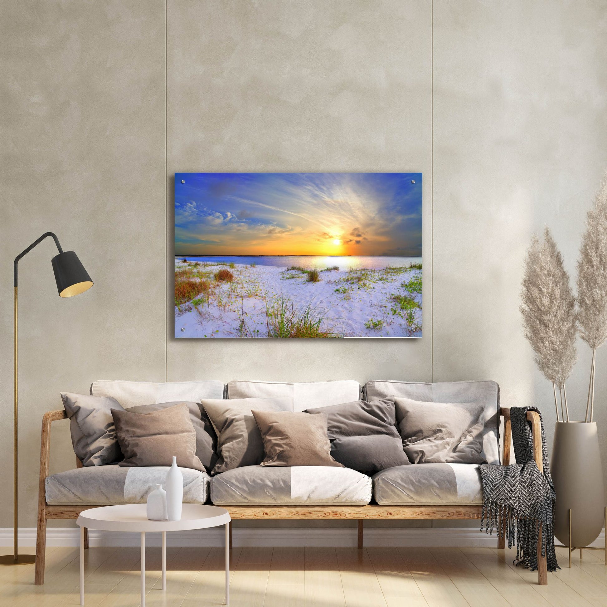 Epic Art 'Blue Orange Landscape Sunset Sandy Beach' by Ezra Tanner, Acrylic Glass Wall Art,36x24