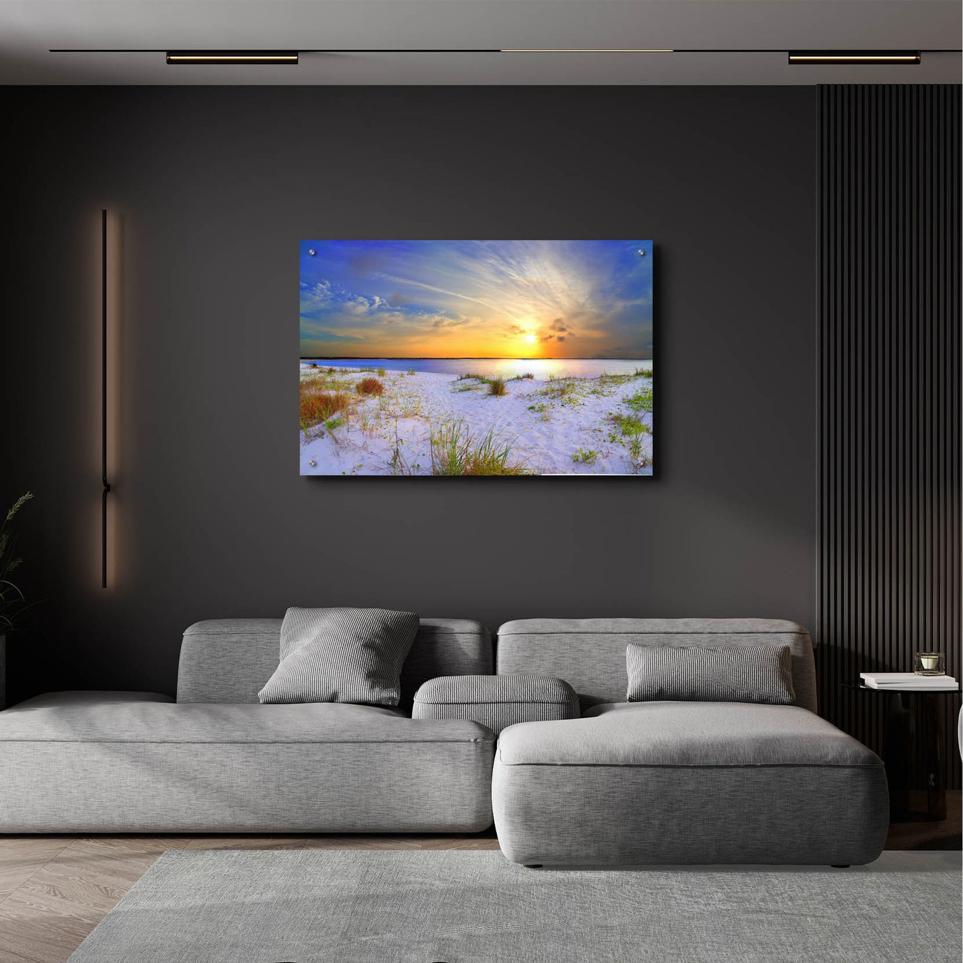 Epic Art 'Blue Orange Landscape Sunset Sandy Beach' by Ezra Tanner, Acrylic Glass Wall Art,36x24