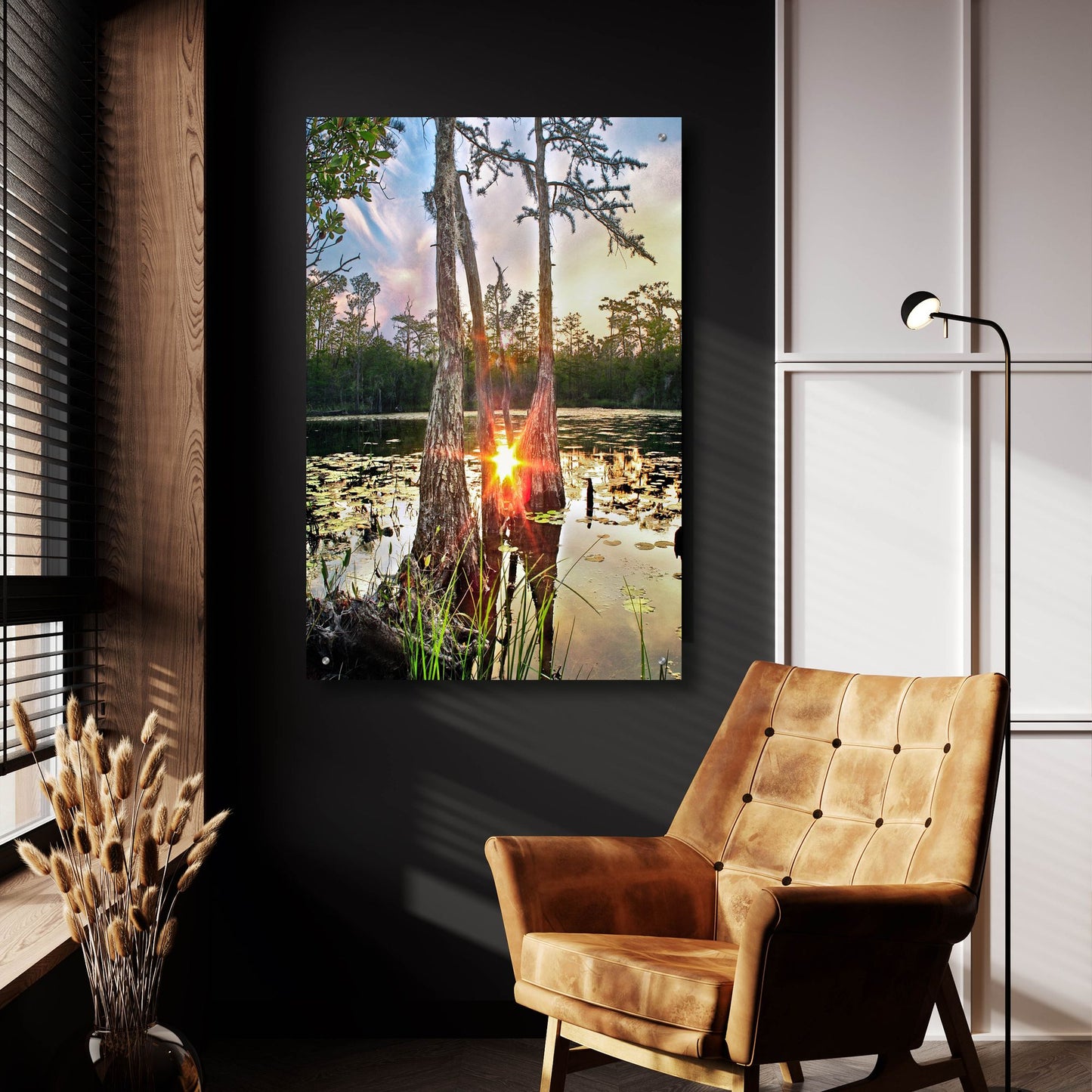 Epic Art 'Cypress Swamp Sunset Red Sun Reflection Lily Pads' by Ezra Tanner, Acrylic Glass Wall Art,24x36