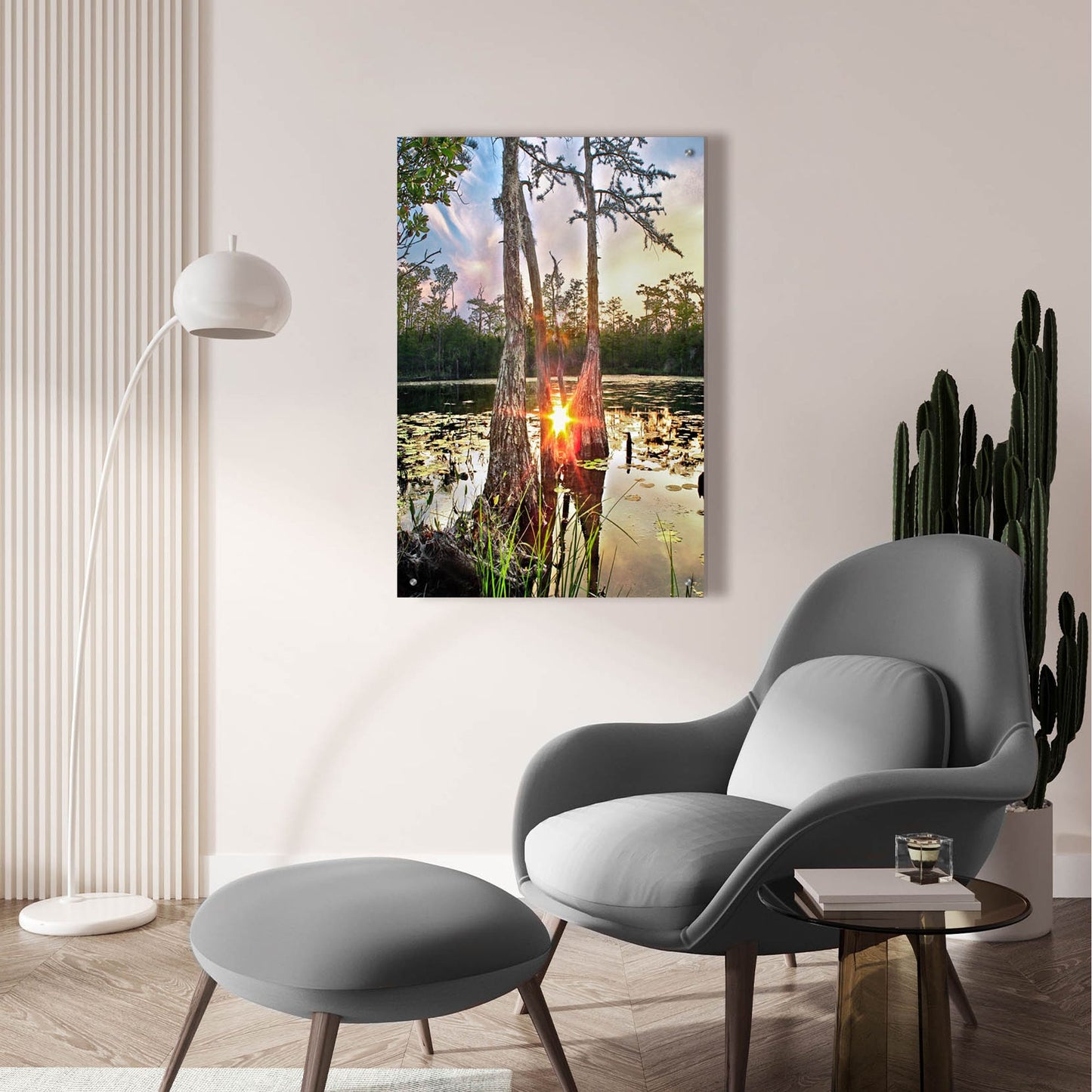 Epic Art 'Cypress Swamp Sunset Red Sun Reflection Lily Pads' by Ezra Tanner, Acrylic Glass Wall Art,24x36