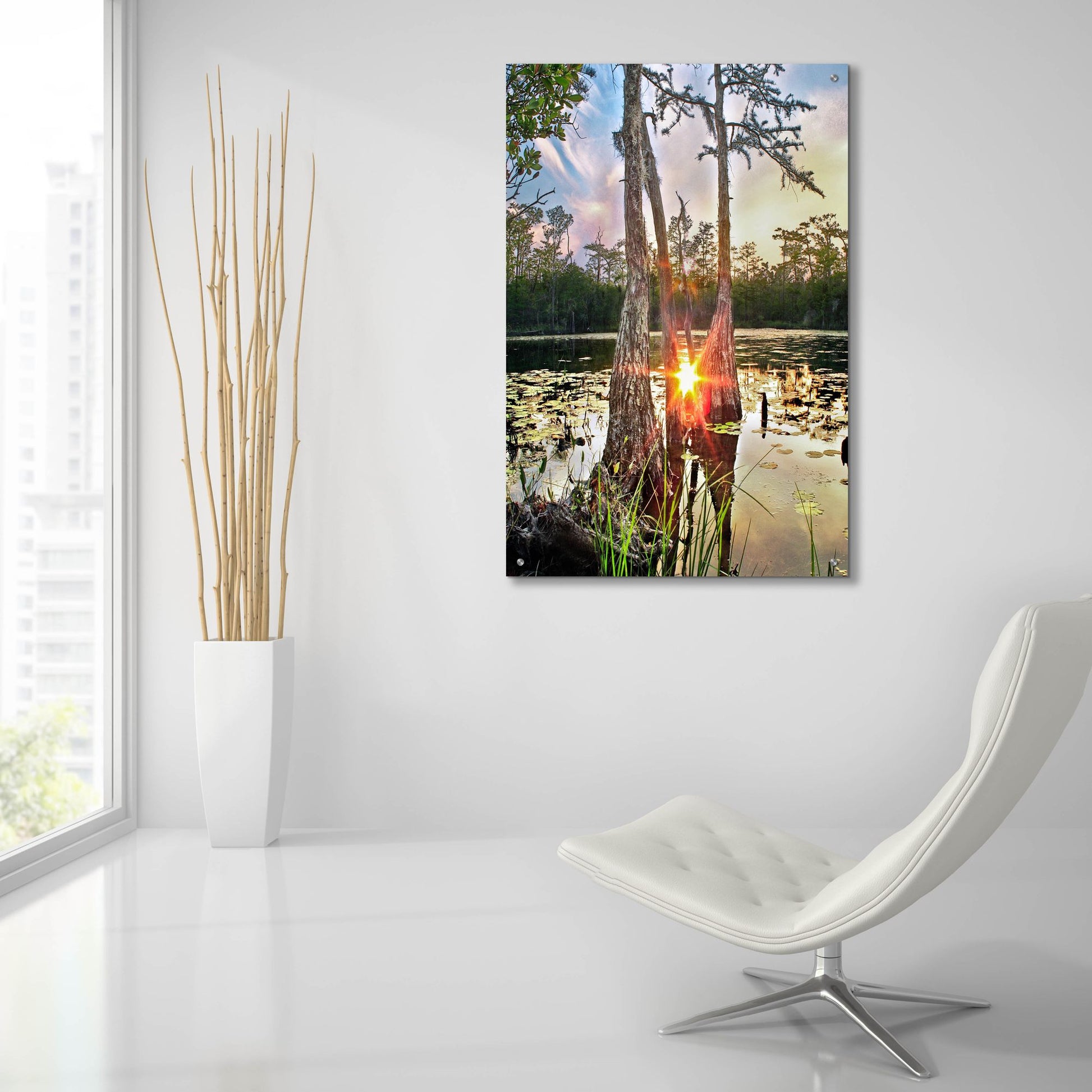 Epic Art 'Cypress Swamp Sunset Red Sun Reflection Lily Pads' by Ezra Tanner, Acrylic Glass Wall Art,24x36