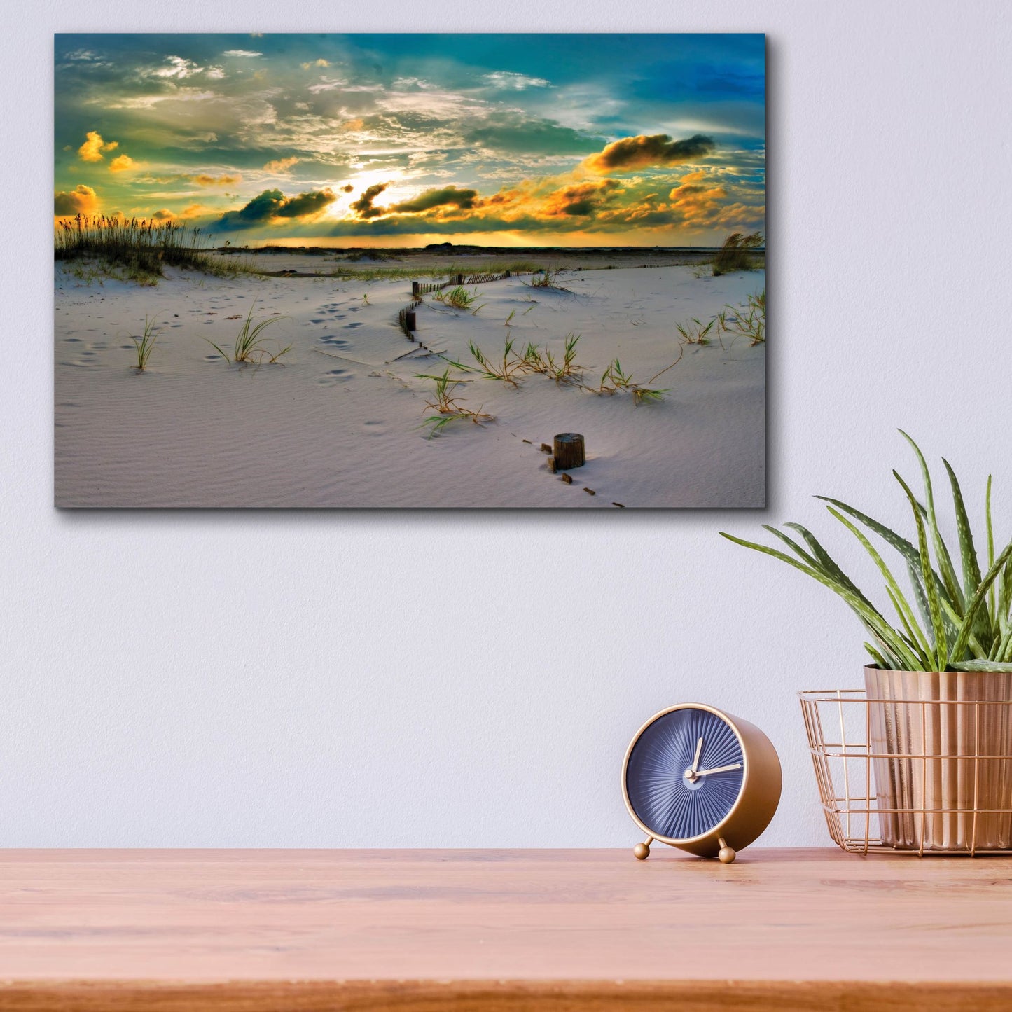 Epic Art 'Gold Sunset Beach Sand Dunes' by Ezra Tanner, Acrylic Glass Wall Art,16x12