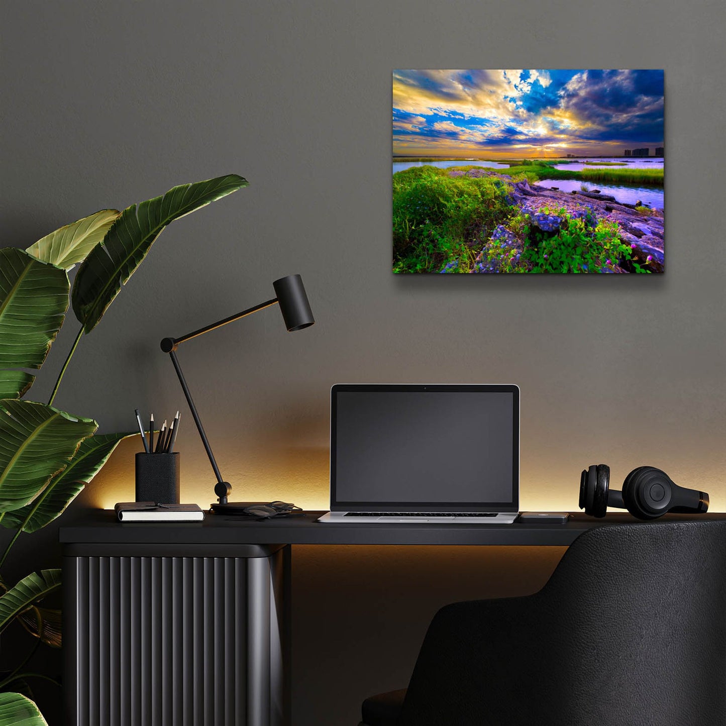 Epic Art 'Morning Glory Wildflowers And Purple Cloud Sunrise' by Ezra Tanner, Acrylic Glass Wall Art,16x12