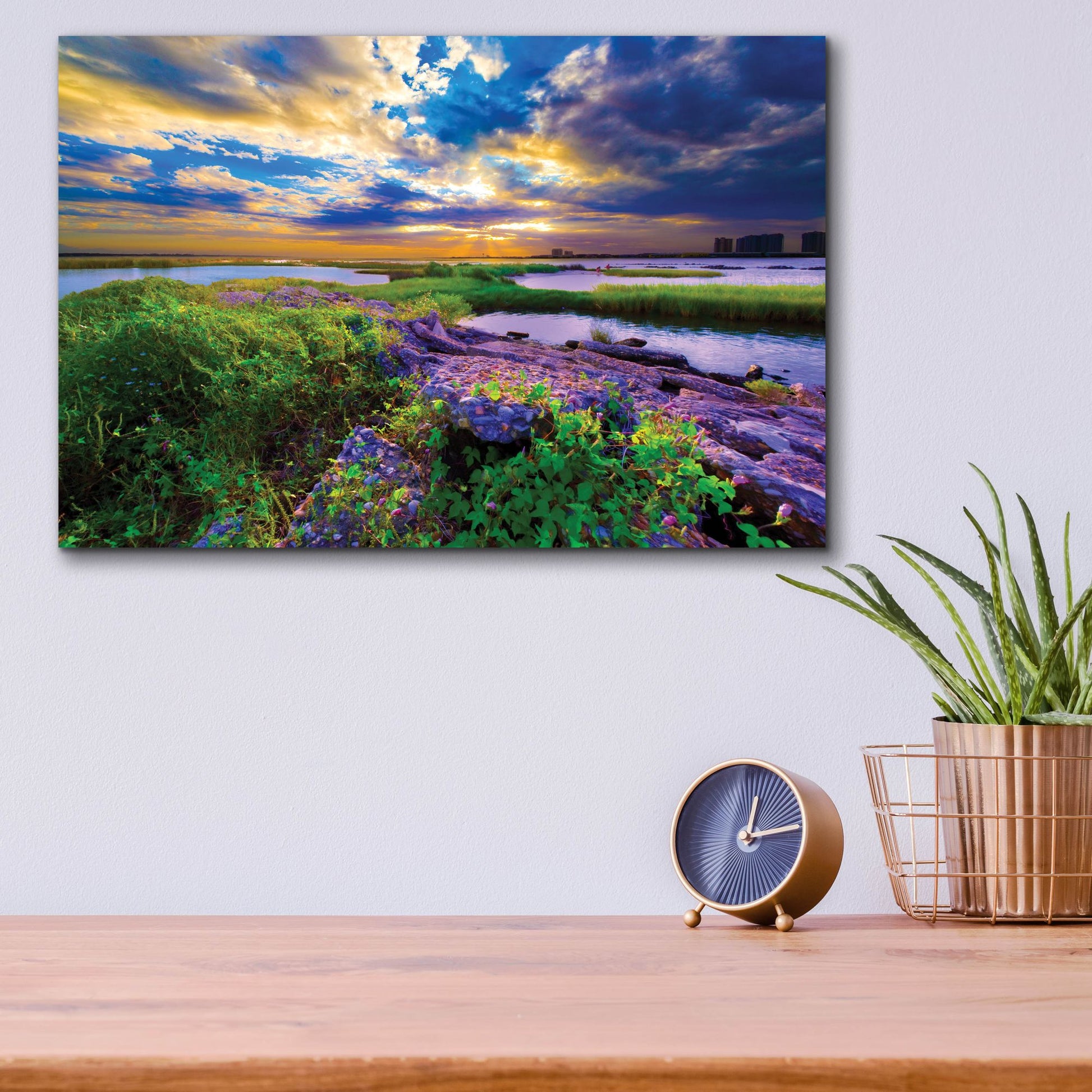 Epic Art 'Morning Glory Wildflowers And Purple Cloud Sunrise' by Ezra Tanner, Acrylic Glass Wall Art,16x12