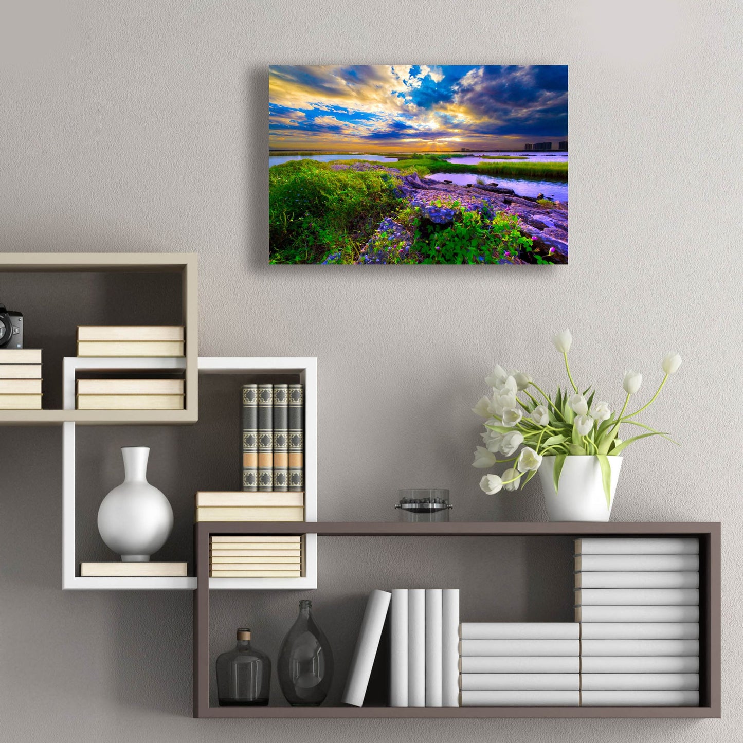 Epic Art 'Morning Glory Wildflowers And Purple Cloud Sunrise' by Ezra Tanner, Acrylic Glass Wall Art,24x16