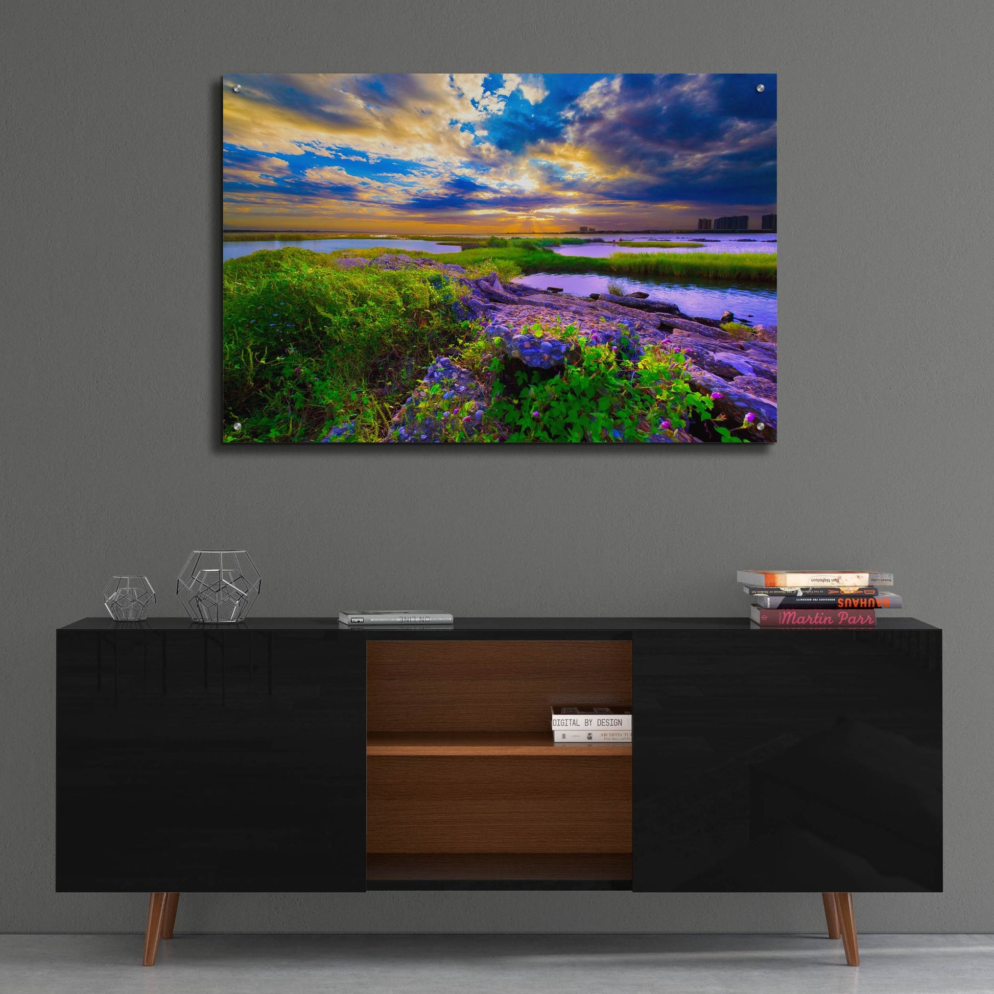 Epic Art 'Morning Glory Wildflowers And Purple Cloud Sunrise' by Ezra Tanner, Acrylic Glass Wall Art,36x24