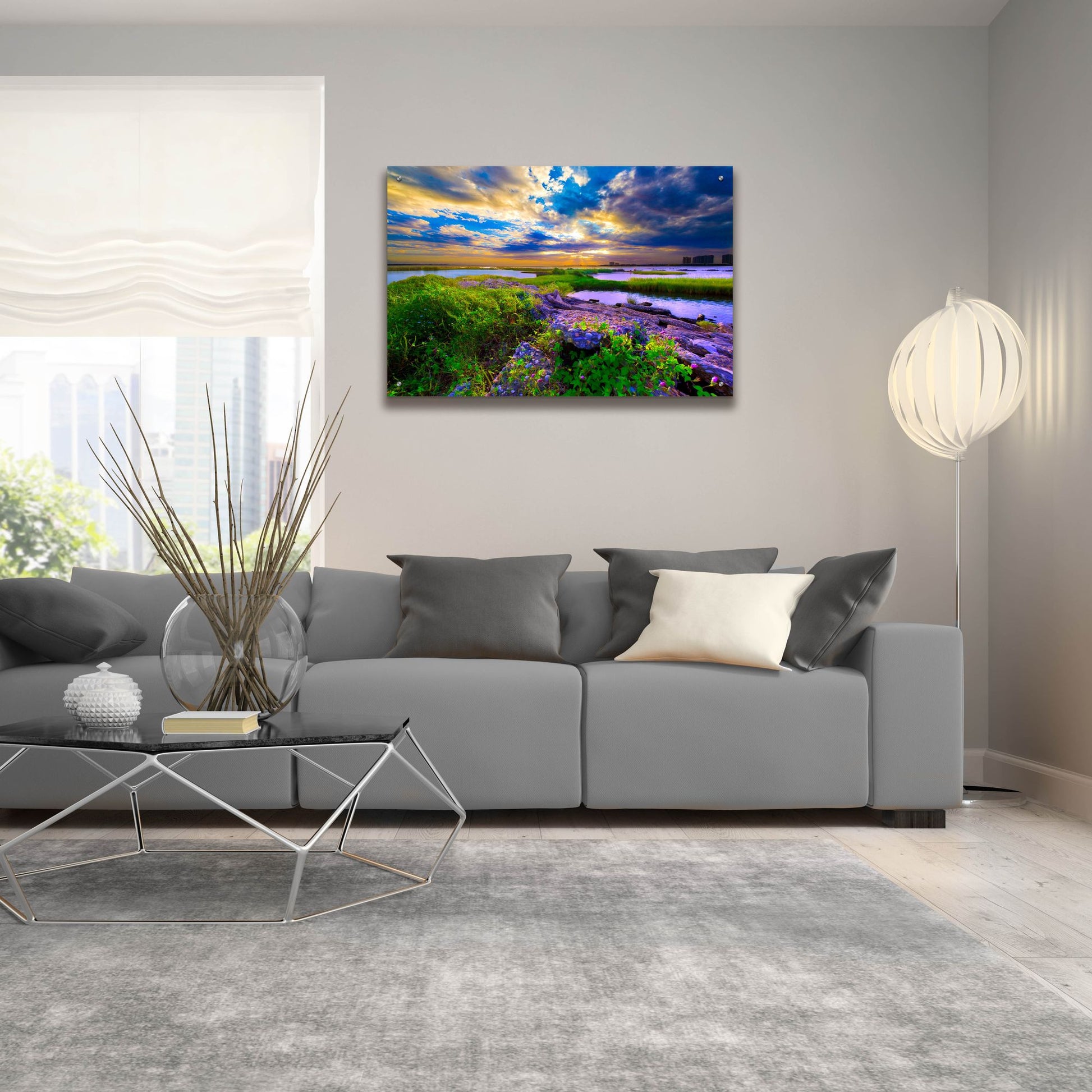 Epic Art 'Morning Glory Wildflowers And Purple Cloud Sunrise' by Ezra Tanner, Acrylic Glass Wall Art,36x24