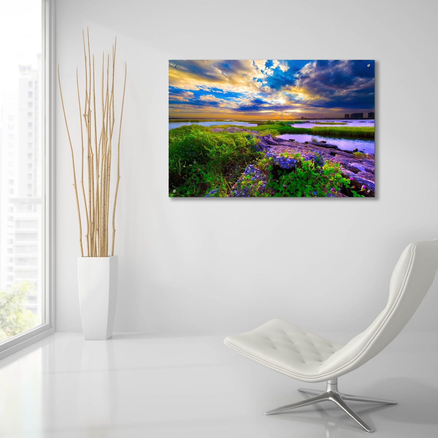 Epic Art 'Morning Glory Wildflowers And Purple Cloud Sunrise' by Ezra Tanner, Acrylic Glass Wall Art,36x24