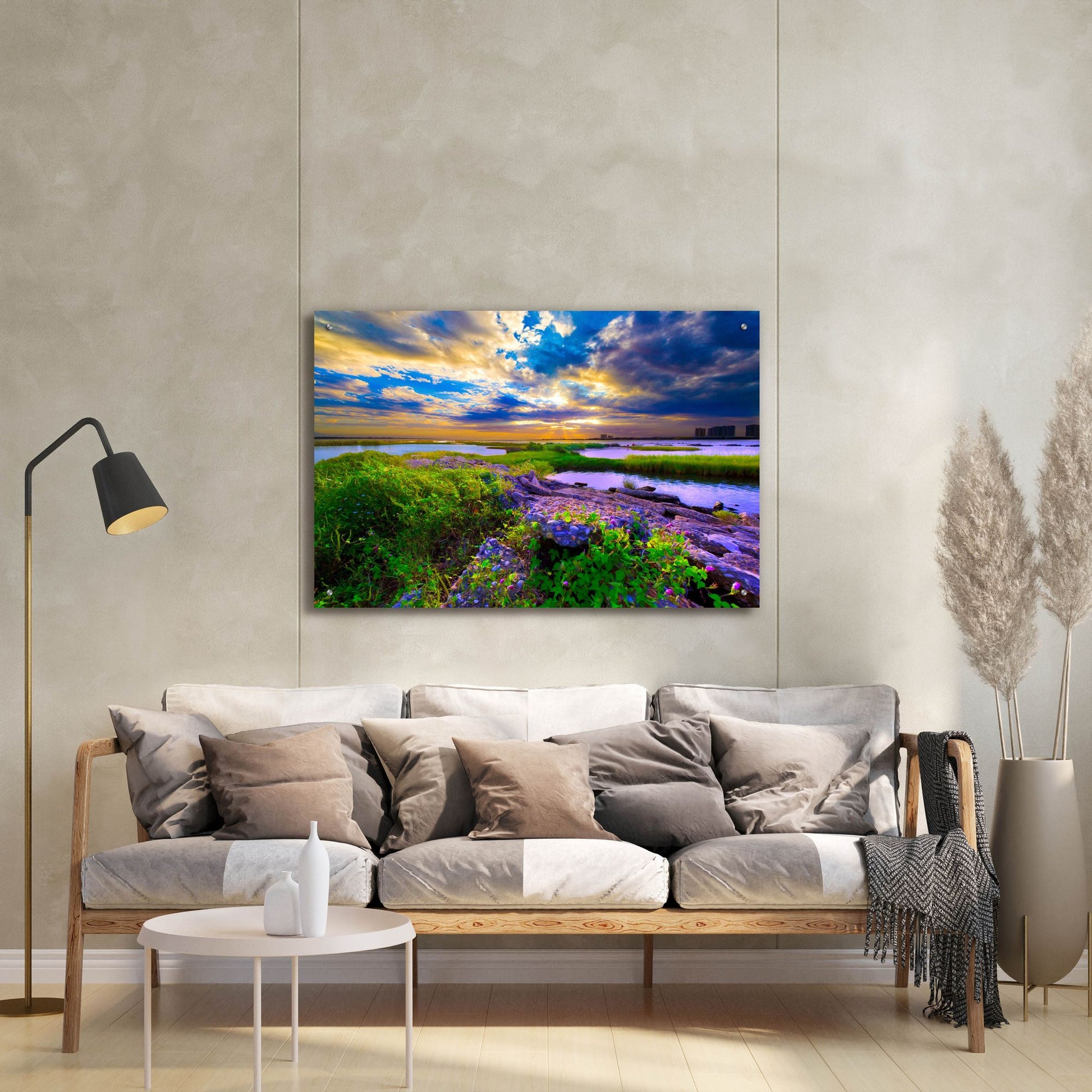 Epic Art 'Morning Glory Wildflowers And Purple Cloud Sunrise' by Ezra Tanner, Acrylic Glass Wall Art,36x24