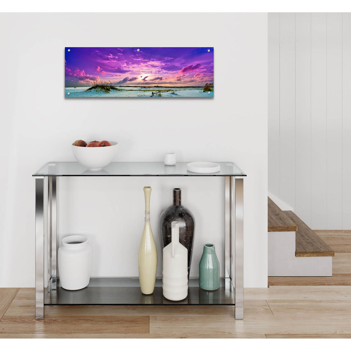 Epic Art 'Purple Clouds Skyscape Sunset Over Beach Sand Dune' by Ezra Tanner, Acrylic Glass Wall Art,36x12