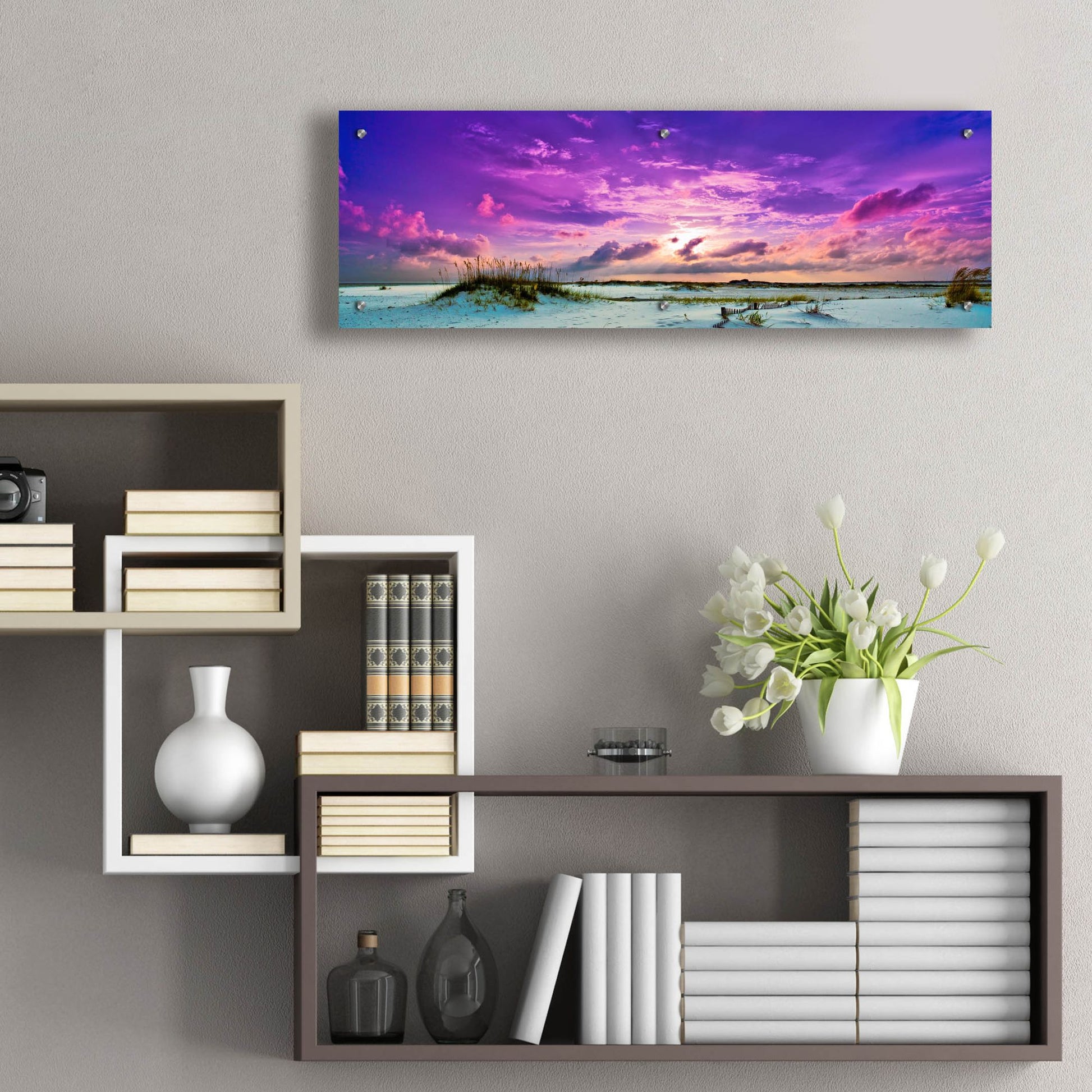 Epic Art 'Purple Clouds Skyscape Sunset Over Beach Sand Dune' by Ezra Tanner, Acrylic Glass Wall Art,36x12
