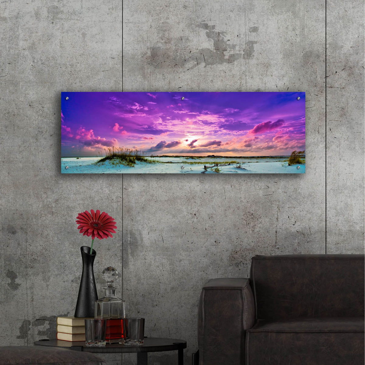 Epic Art 'Purple Clouds Skyscape Sunset Over Beach Sand Dune' by Ezra Tanner, Acrylic Glass Wall Art,48x16
