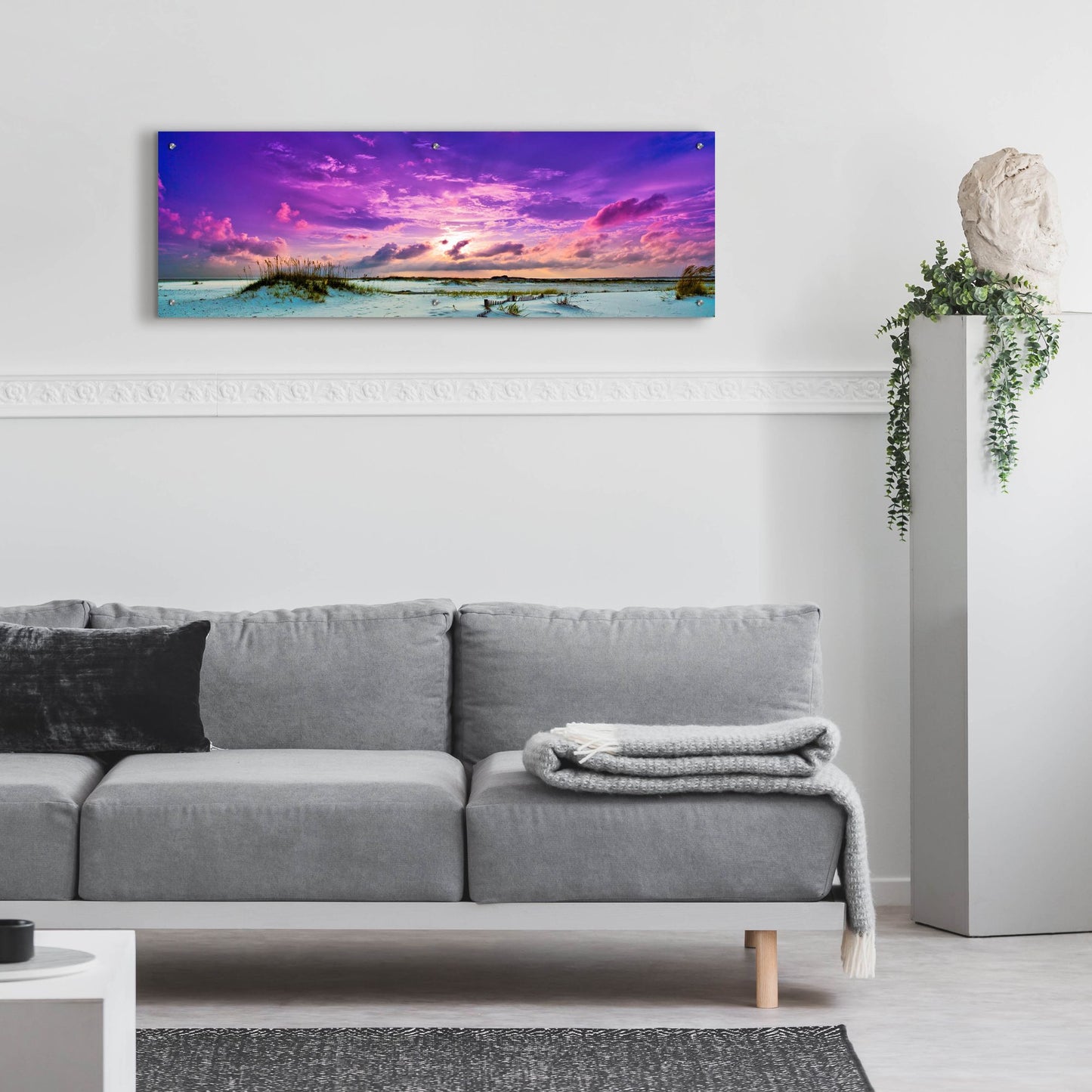 Epic Art 'Purple Clouds Skyscape Sunset Over Beach Sand Dune' by Ezra Tanner, Acrylic Glass Wall Art,48x16