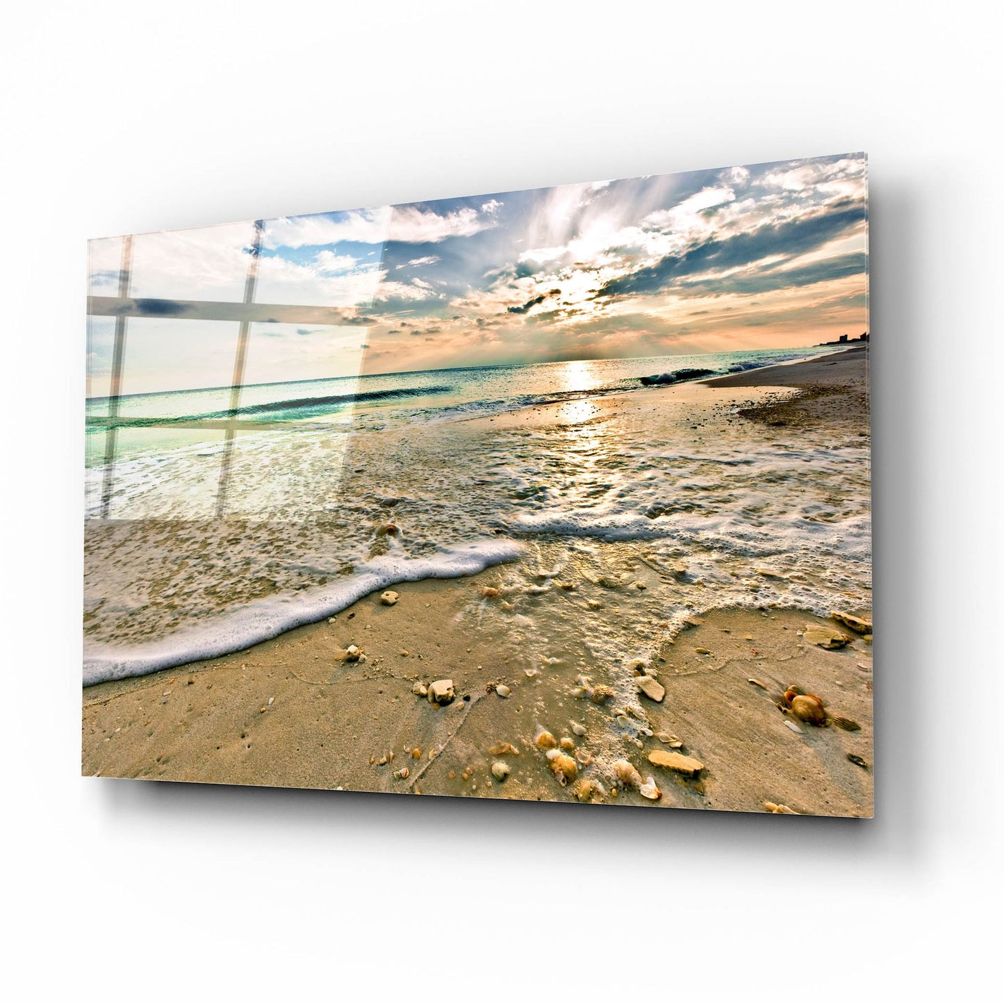 Epic Art 'Emerald Green Shell Covered Beach Sunset' by Ezra Tanner, Acrylic Glass Wall Art,16x12