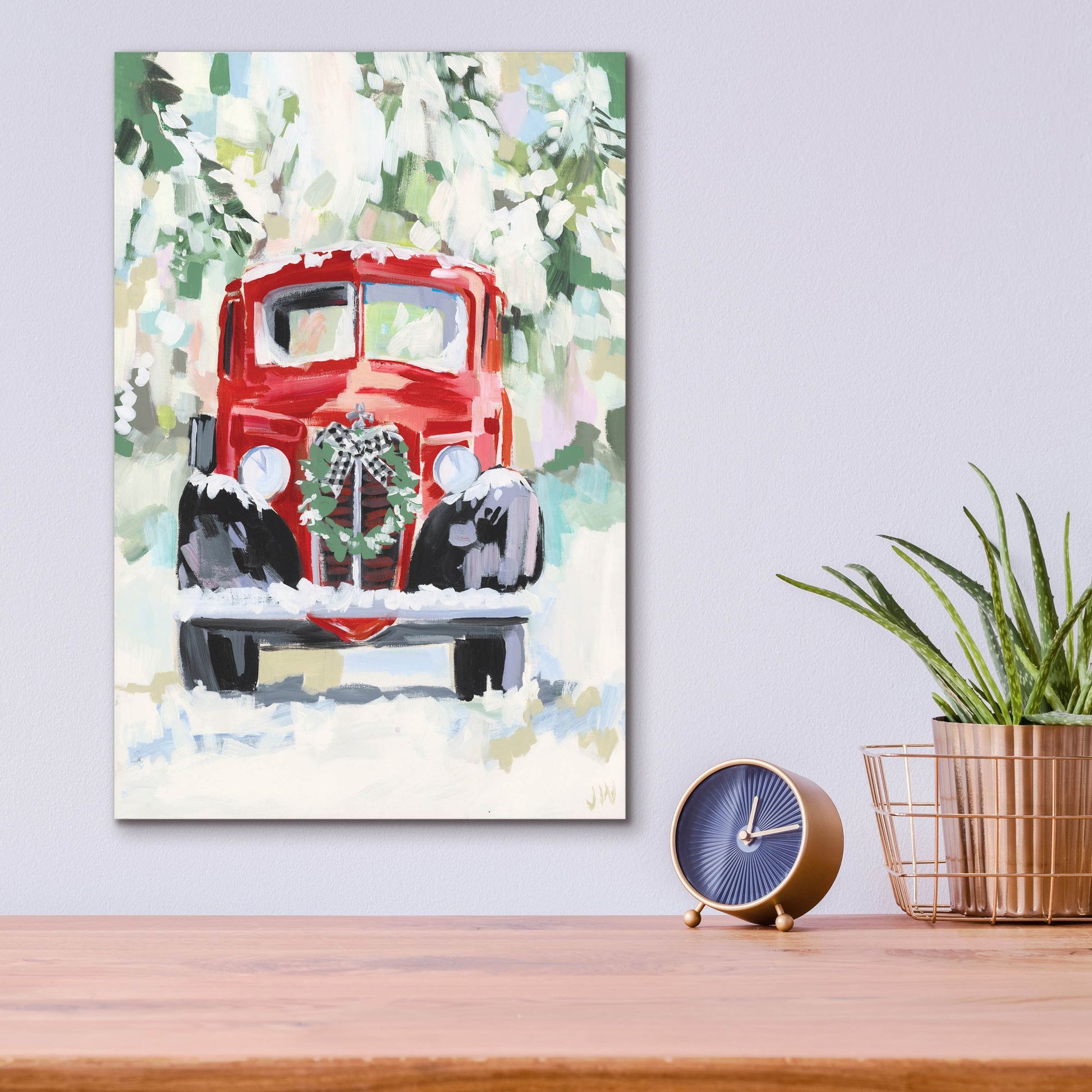 Epic Art 'Red Vintage Truck with Wreath' by Jenny Westenhofer, Acrylic Glass Wall Art,12x16
