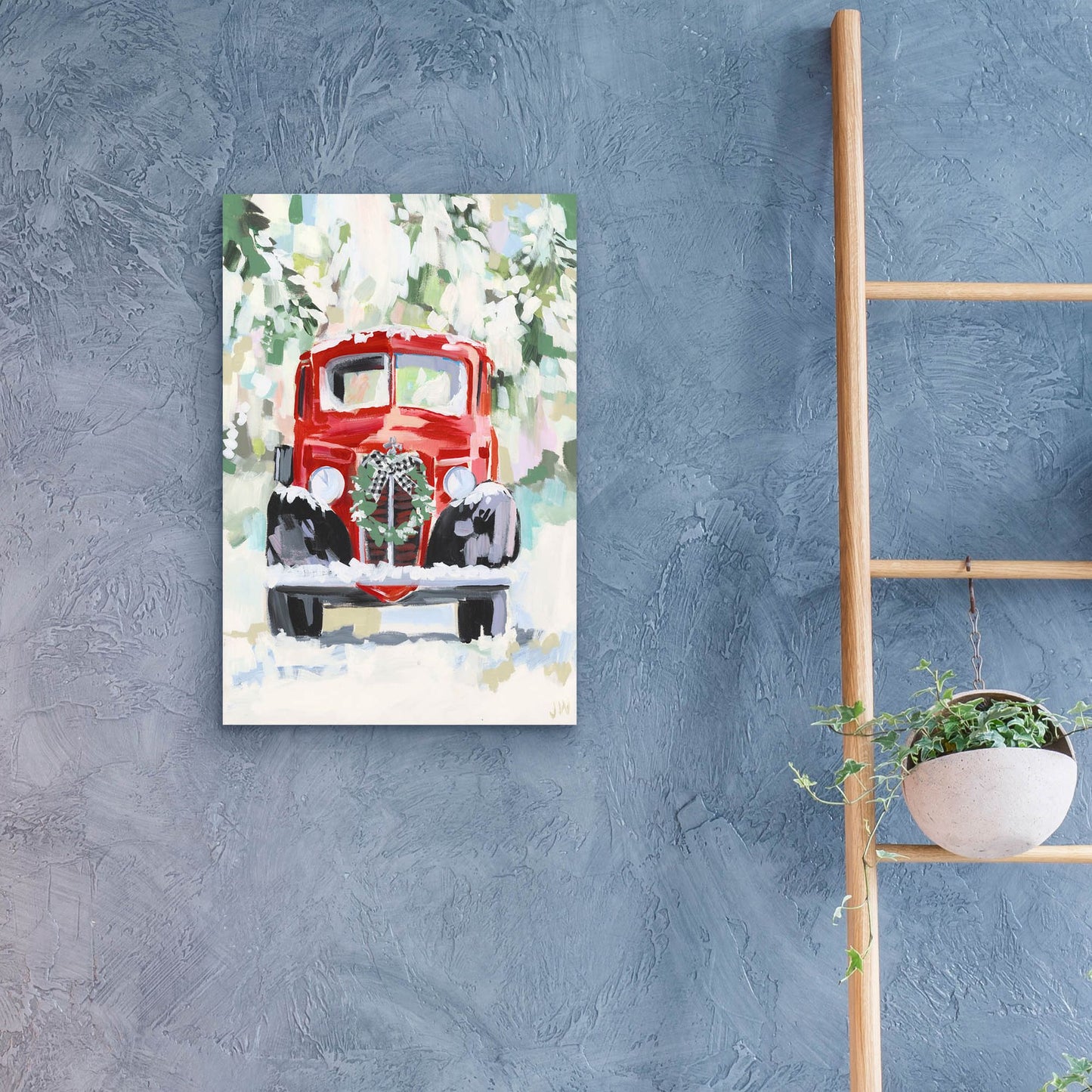 Epic Art 'Red Vintage Truck with Wreath' by Jenny Westenhofer, Acrylic Glass Wall Art,16x24