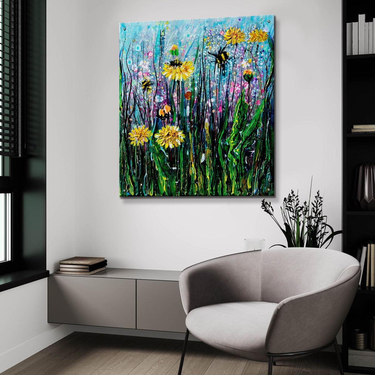Epic Art 'Field of Flowers and a Bee' by Lena Owens, Acrylic Glass Wall Art,36x36