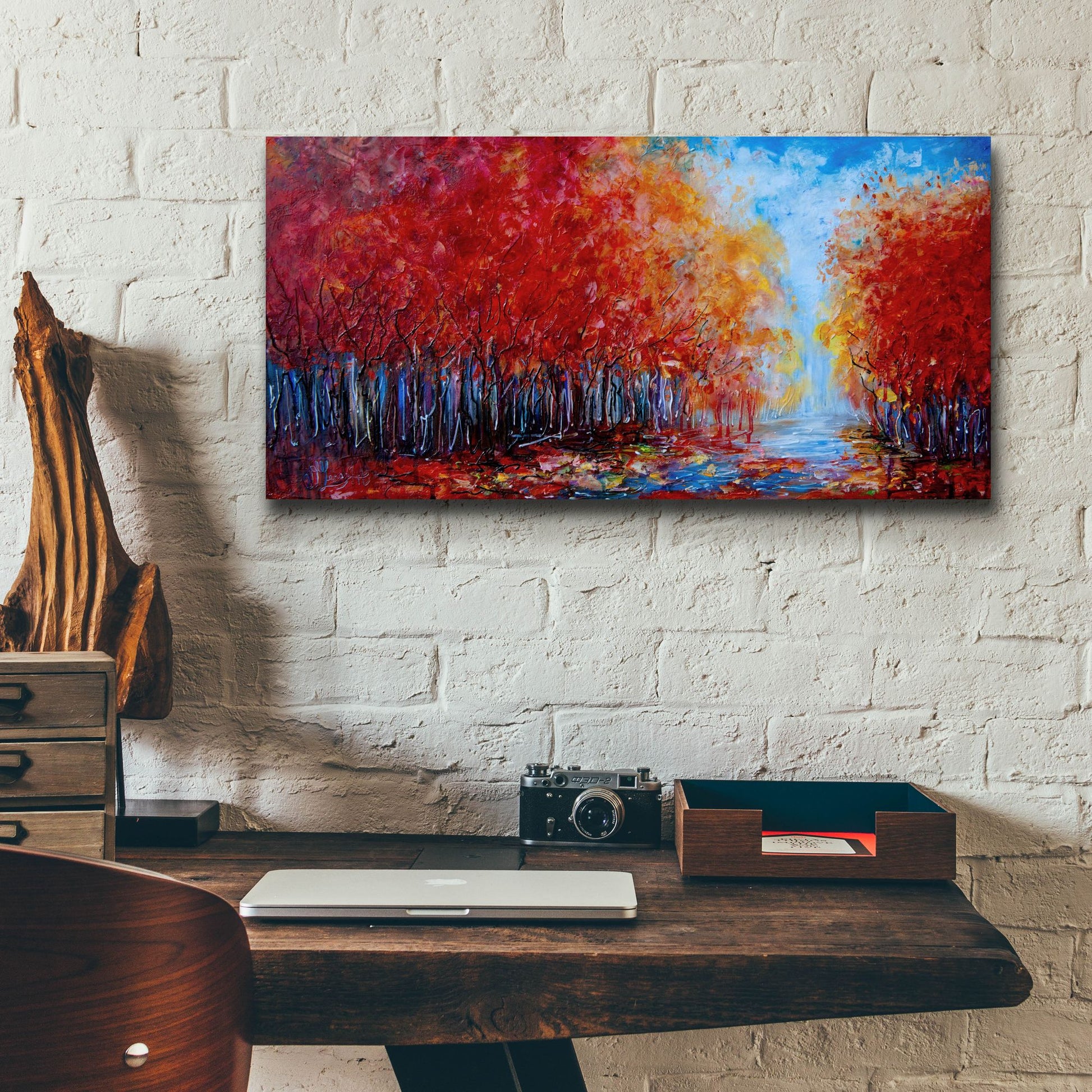 Epic Art 'Red Fall Forest on a Rainy Day ' by Lena Owens, Acrylic Glass Wall Art,24x12