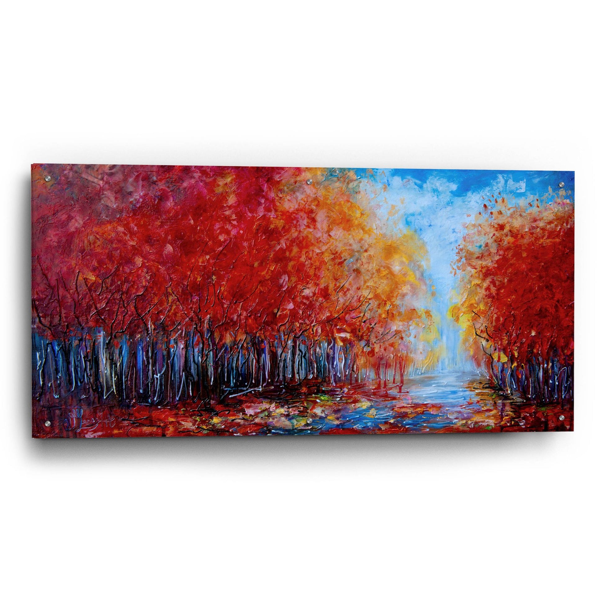 Epic Art 'Red Fall Forest on a Rainy Day ' by Lena Owens, Acrylic Glass Wall Art,48x24