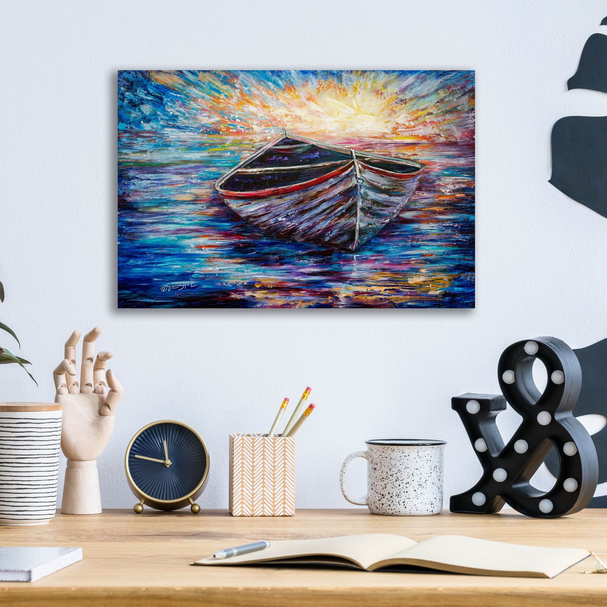 Epic Art 'Wooden Boat At Sunrise' by Lena Owens, Acrylic Glass Wall Art,16x12