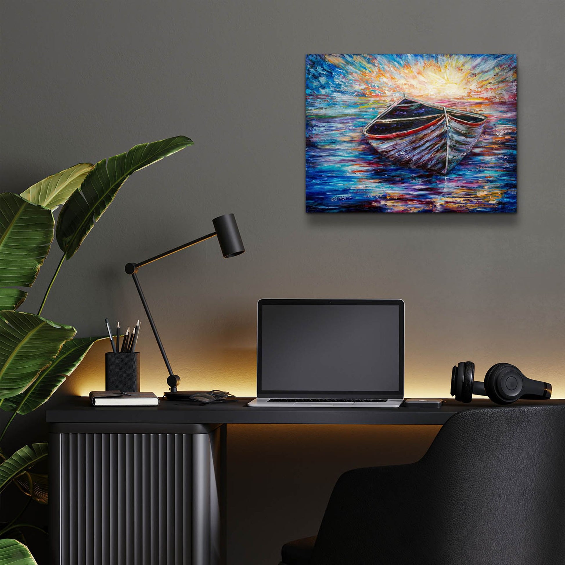 Epic Art 'Wooden Boat At Sunrise' by Lena Owens, Acrylic Glass Wall Art,16x12