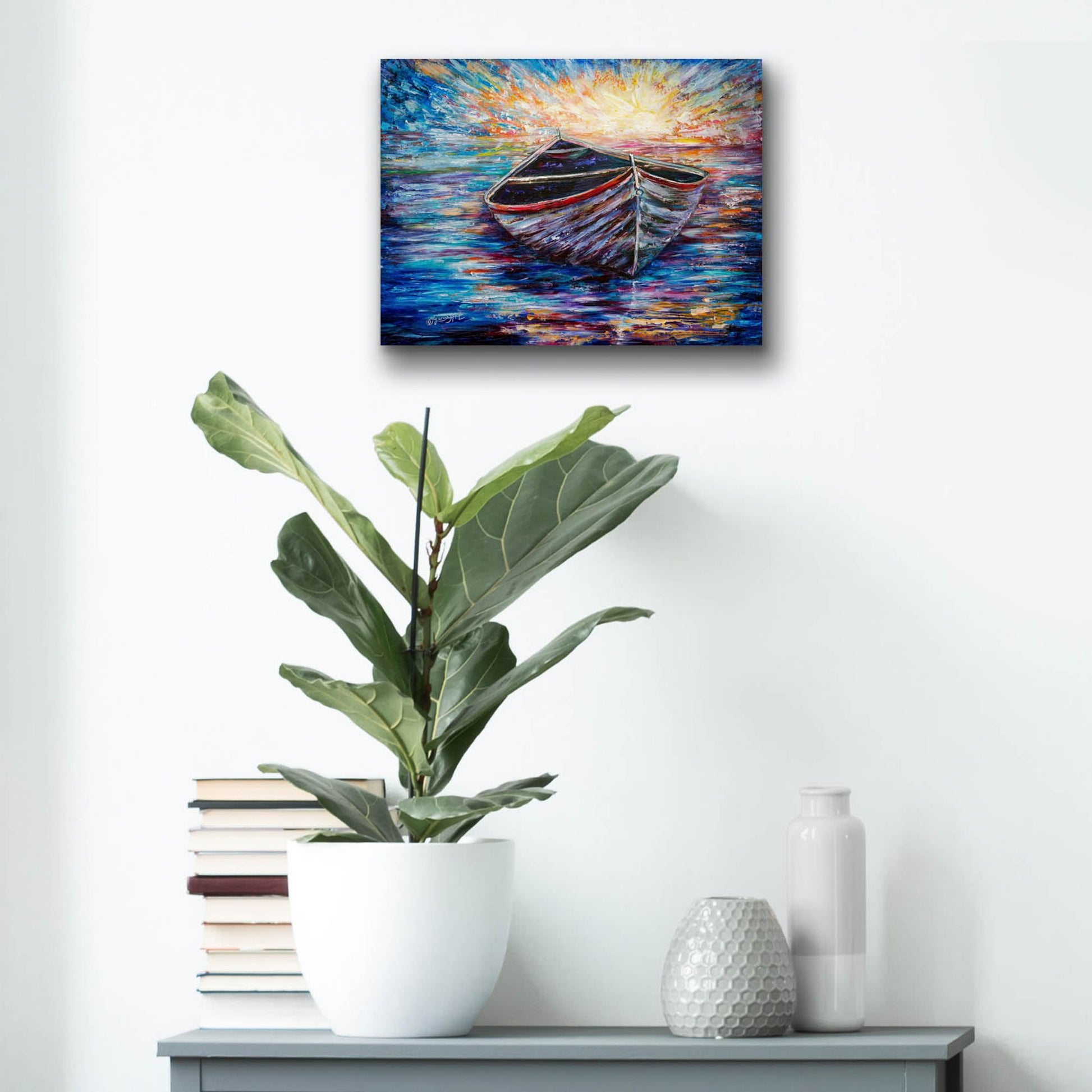 Epic Art 'Wooden Boat At Sunrise' by Lena Owens, Acrylic Glass Wall Art,16x12