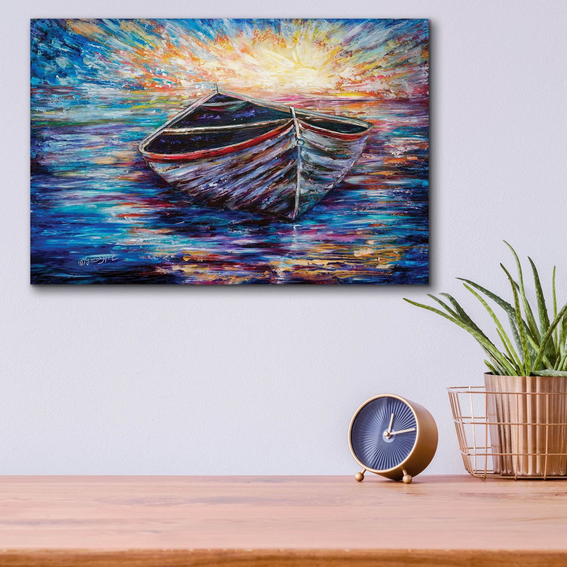 Epic Art 'Wooden Boat At Sunrise' by Lena Owens, Acrylic Glass Wall Art,16x12