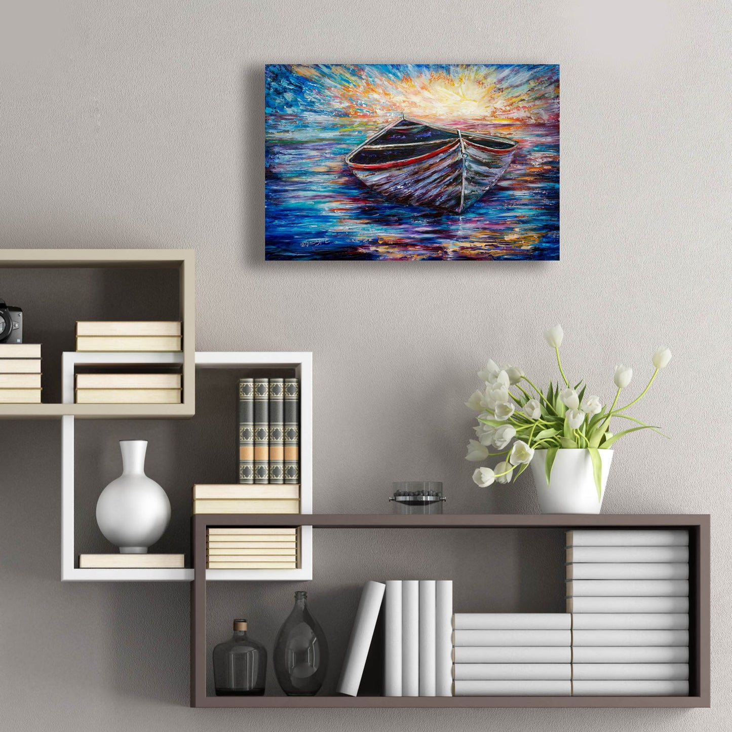 Epic Art 'Wooden Boat At Sunrise' by Lena Owens, Acrylic Glass Wall Art,24x16