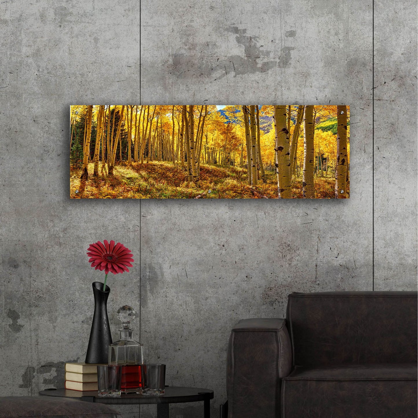 Epic Art 'Autumn Aspen Forest  Colorado Panorama' by Lena Owens, Acrylic Glass Wall Art,48x16