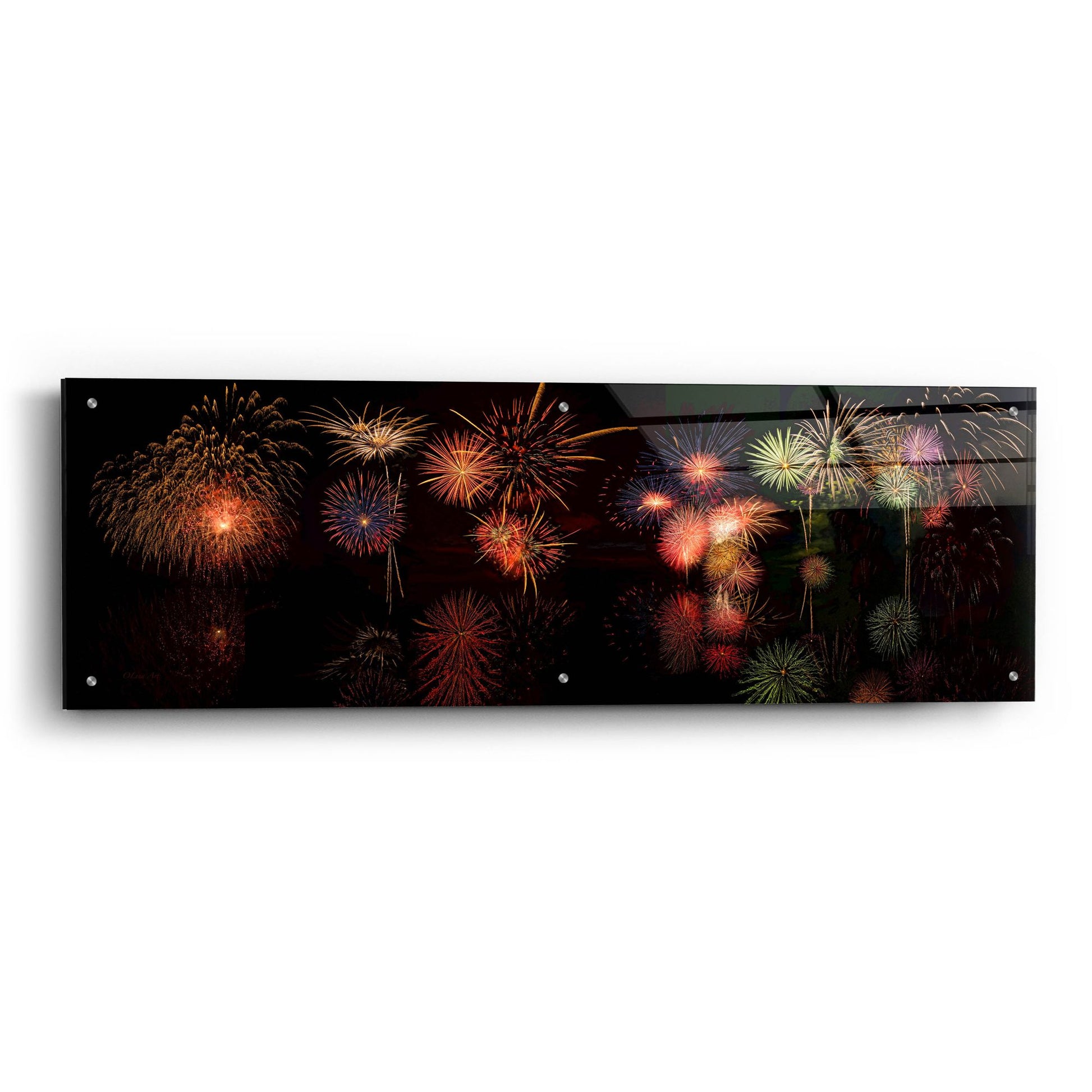 Epic Art 'Fireworks Reflection In Water Panorama' by Lena Owens, Acrylic Glass Wall Art,48x16