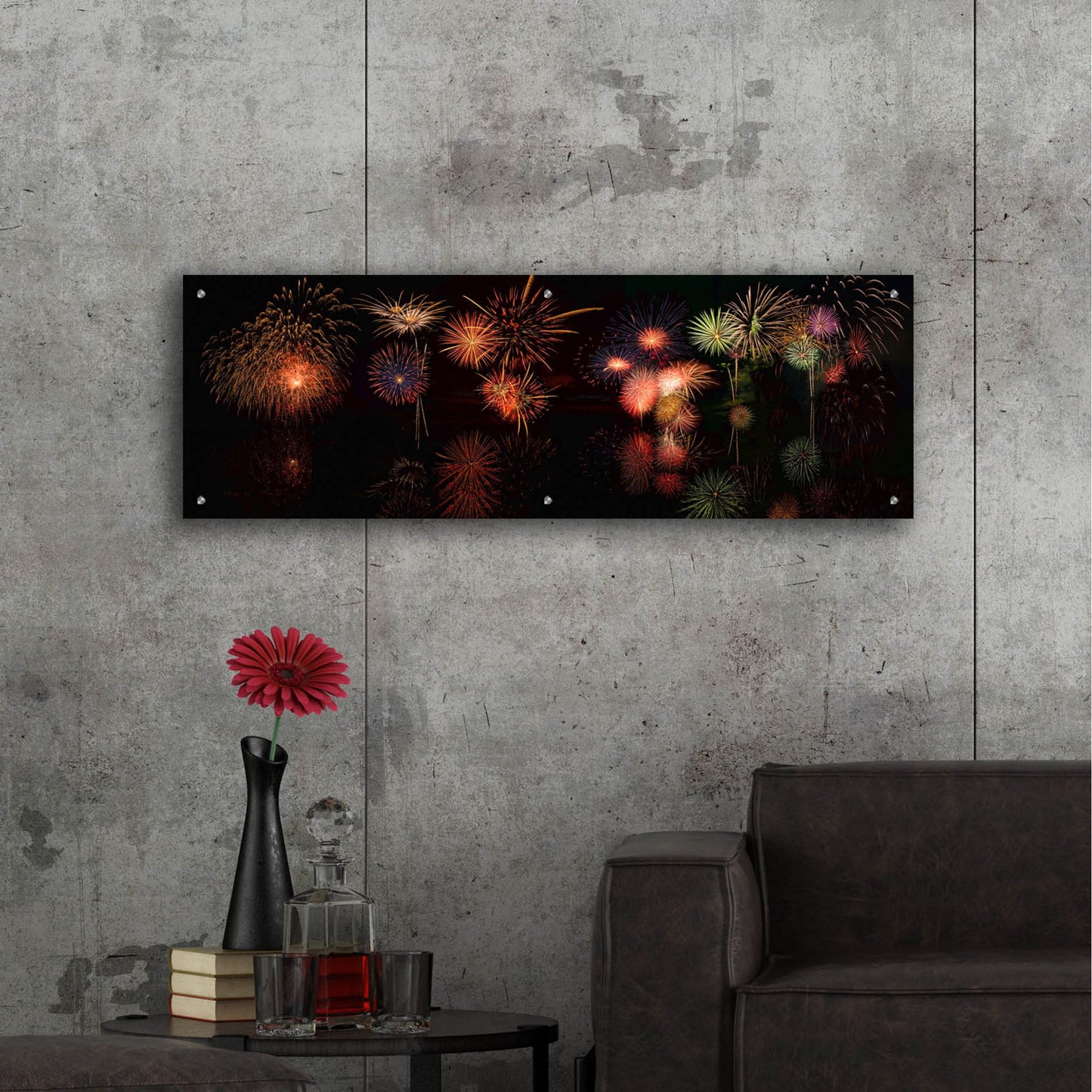 Epic Art 'Fireworks Reflection In Water Panorama' by Lena Owens, Acrylic Glass Wall Art,48x16