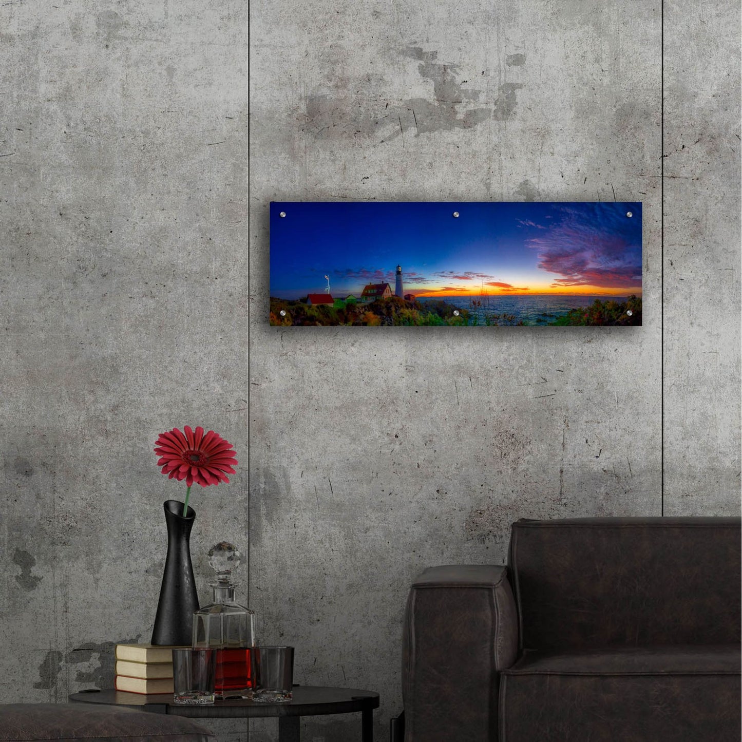 Epic Art 'Portland Maine Head Light At Dawn Panorama' by Lena Owens, Acrylic Glass Wall Art,36x12