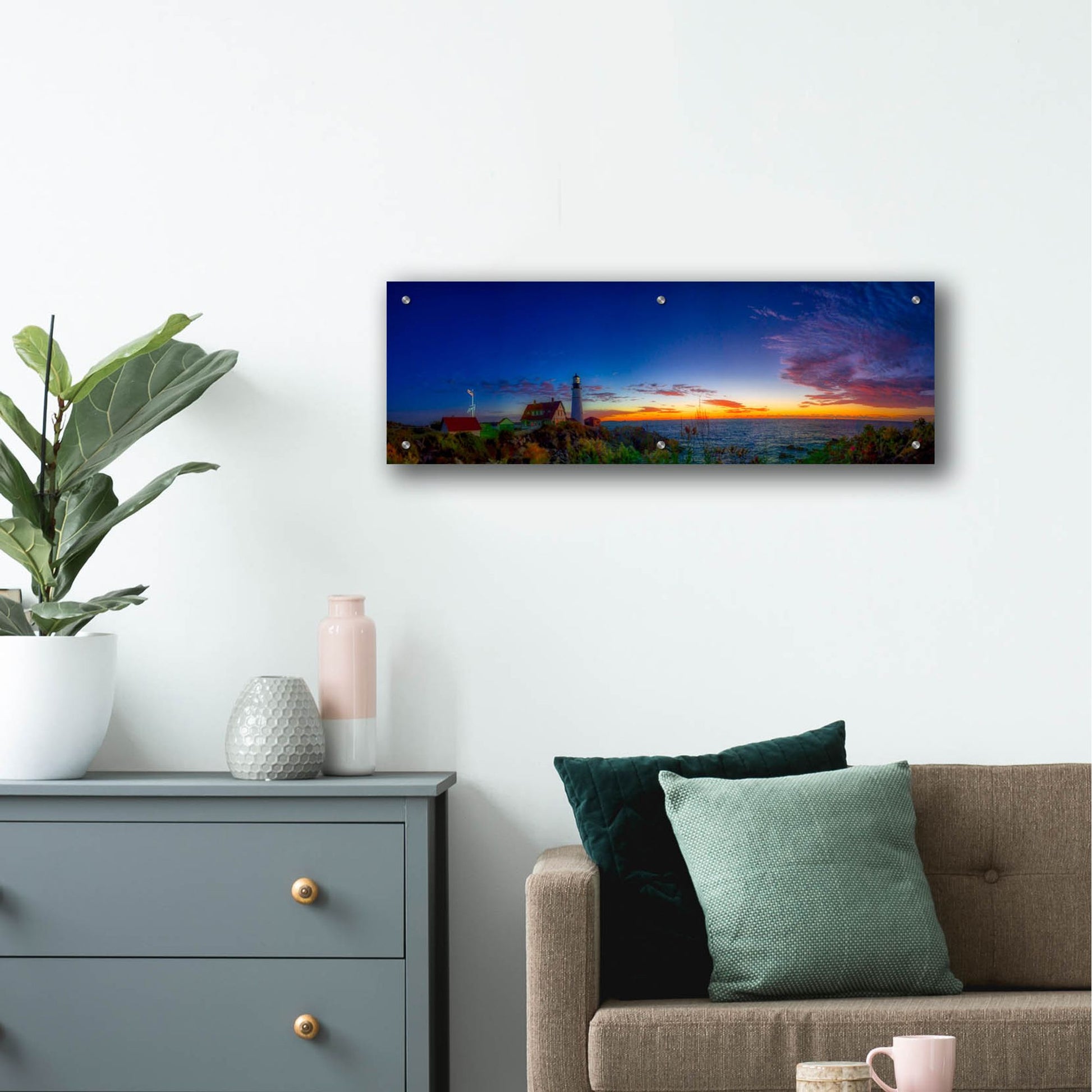 Epic Art 'Portland Maine Head Light At Dawn Panorama' by Lena Owens, Acrylic Glass Wall Art,36x12