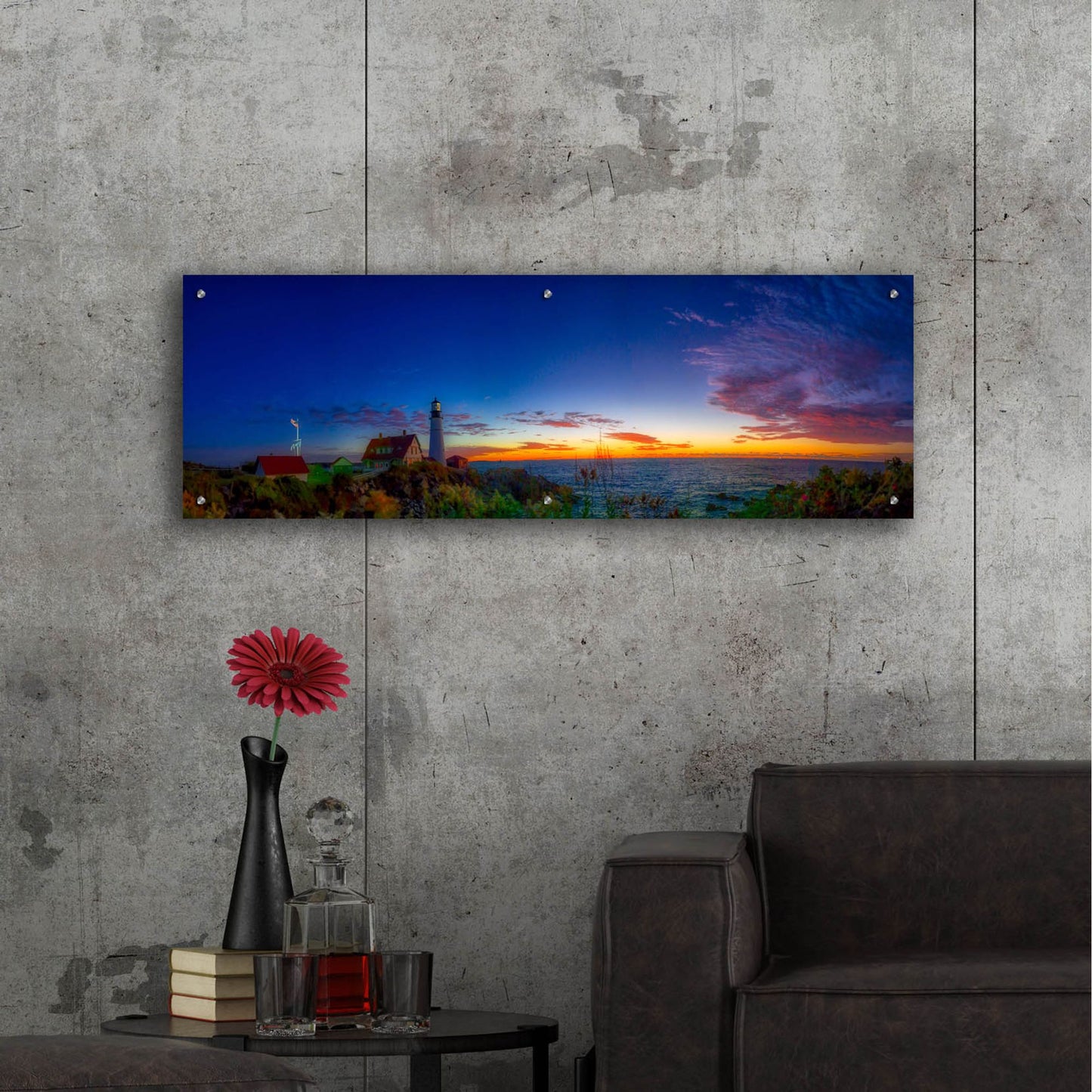 Epic Art 'Portland Maine Head Light At Dawn Panorama' by Lena Owens, Acrylic Glass Wall Art,48x16